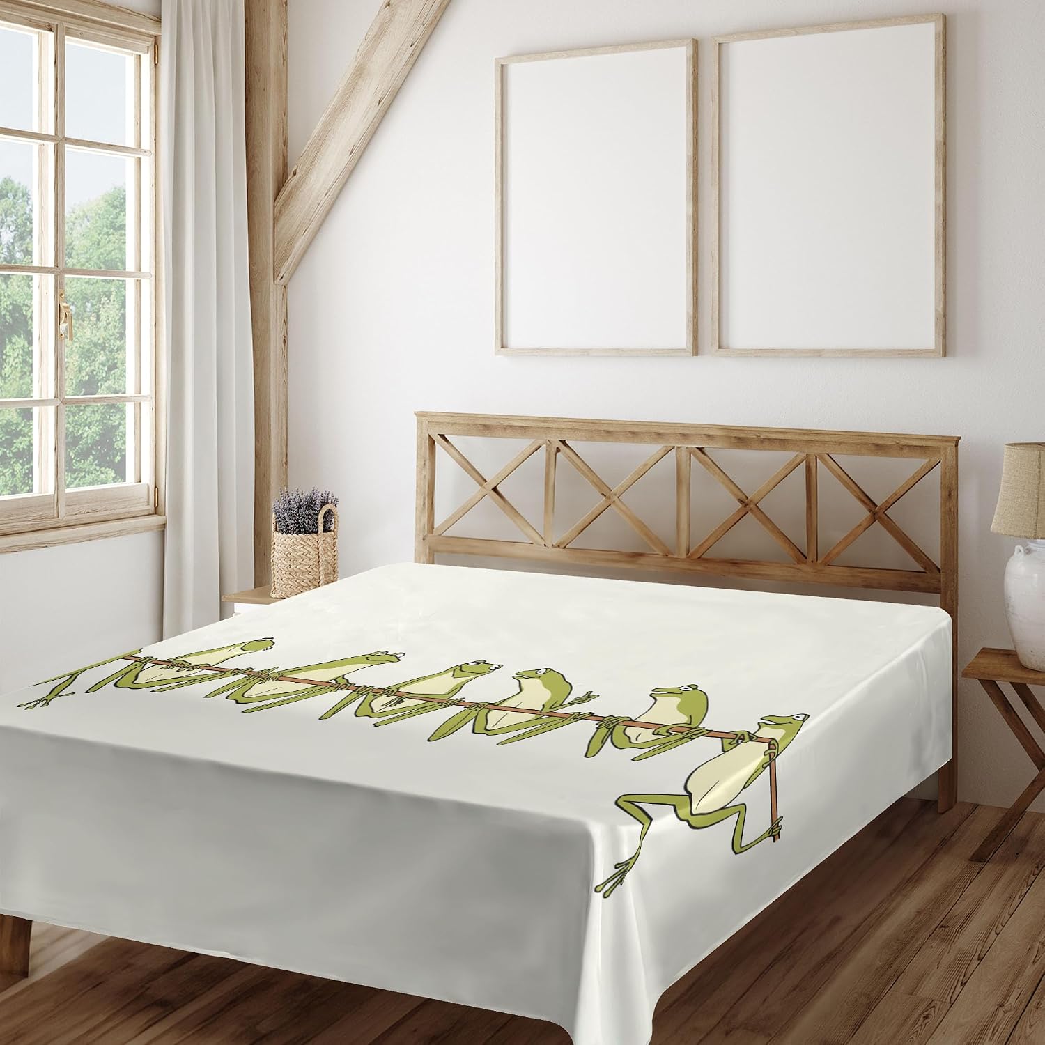 Ambesonne Animal Flat Sheet, Frogs Having Fun Friendship Animals Forest Comic Party Cartoon Print, Soft Comfortable Top Sheet Decorative Bedding 1 Piece, Full Size, Ivory and Apple Green