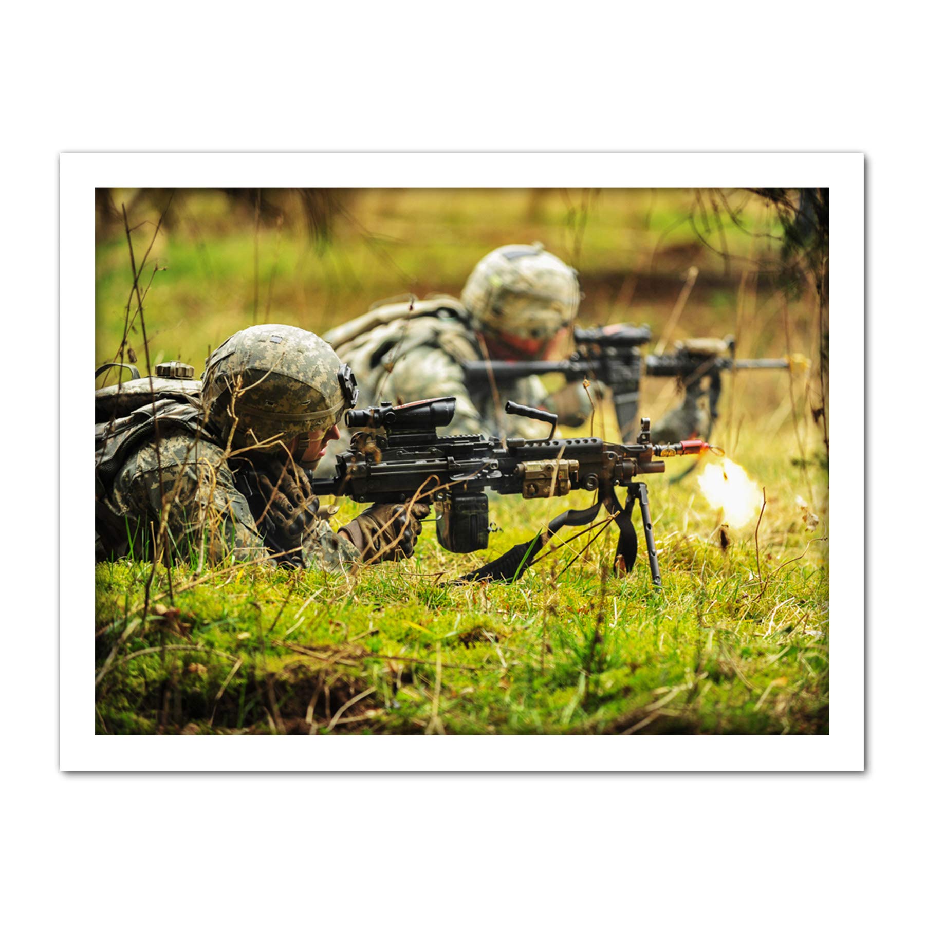 Military USA Army Soldier Alpha Company M249 Machine Gun Photo Artwork Framed Wall Art Print 18X24 Inch