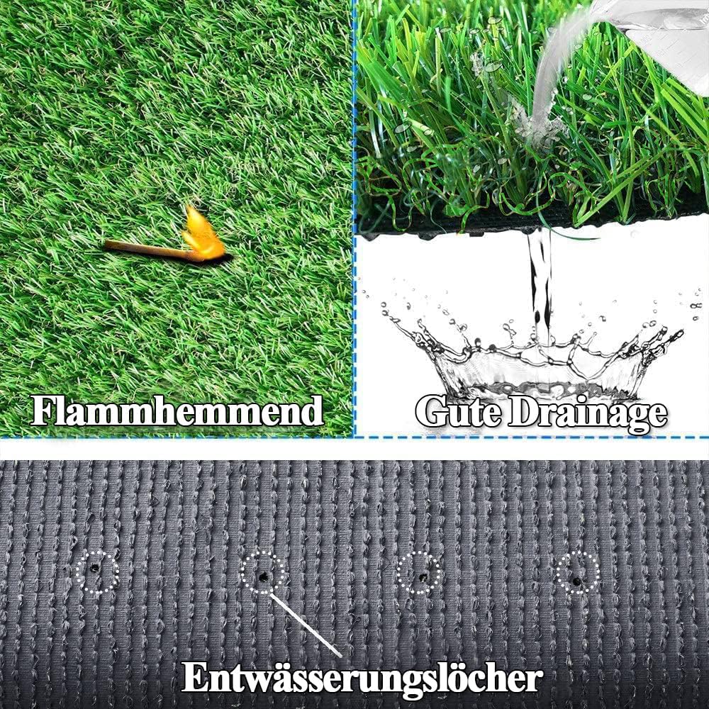 Kunstrasen-Rasenteppich Outdoor 1000 x 100 cm, wasserdurchlässiger Kunstrasenteppich, Florhöhe 30 mm, Kunstrasenrolle mit Entwässerungsfunktion, UV-beständiger Kunststoffrasen für Garten, Terra