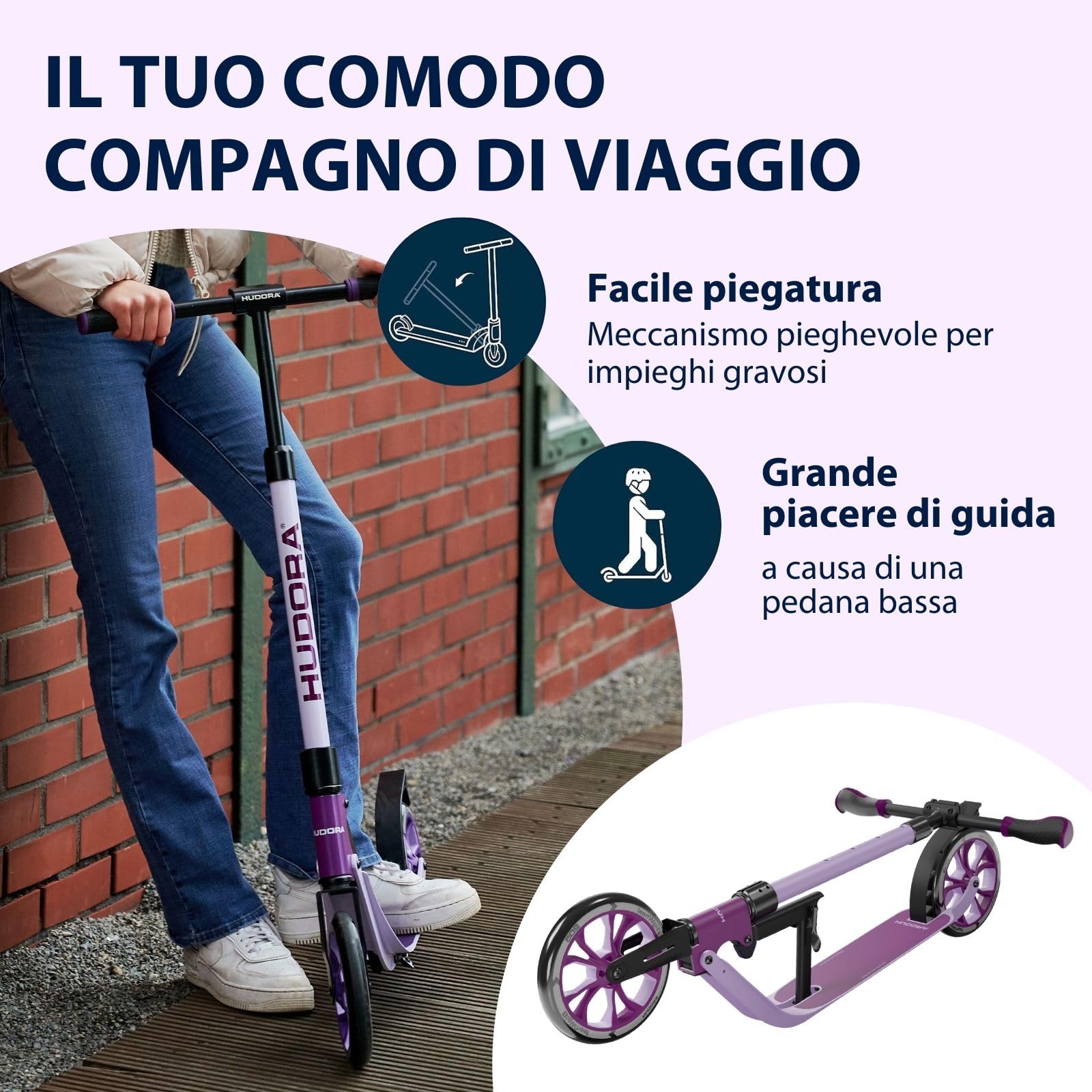HUDORA Monopattino BigWheel® 205 Advanced - Monopattino comodo in alluminio sicuro per peso fino a 100kg - Altezza regolabile e struttura pieghevole - Monopattino bambini/ragazzi e adulti