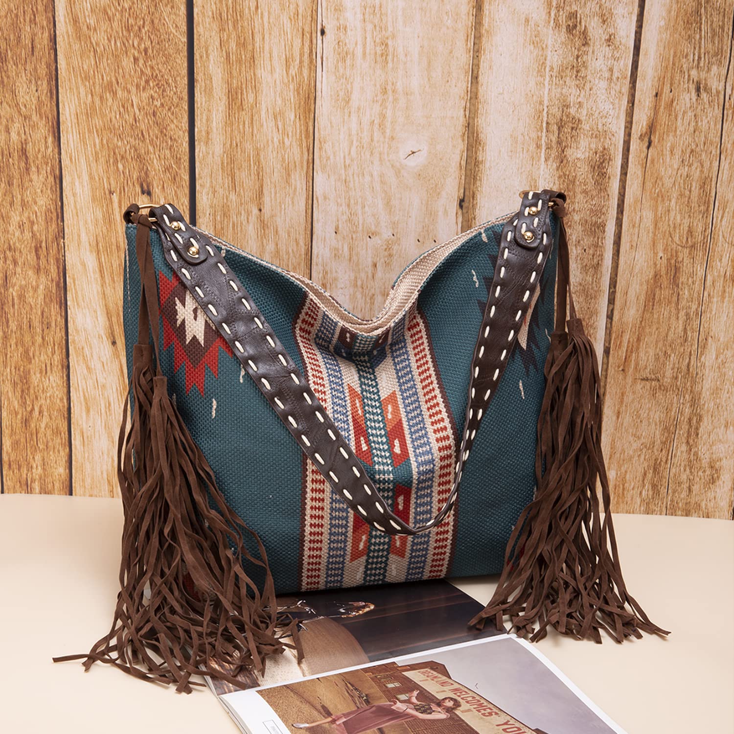 Emprier Bolsos de lona vintage para mujer, con borlas, de gran capacidad, bolso de hombro étnico de viaje, Azul