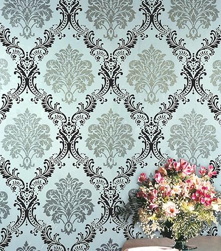 J1245 Papel tapiz de damasco para despegar y pegar de 17.7 x 9.8 pies, papel de contacto prepegado extraíble gris/blanco, papel de contacto