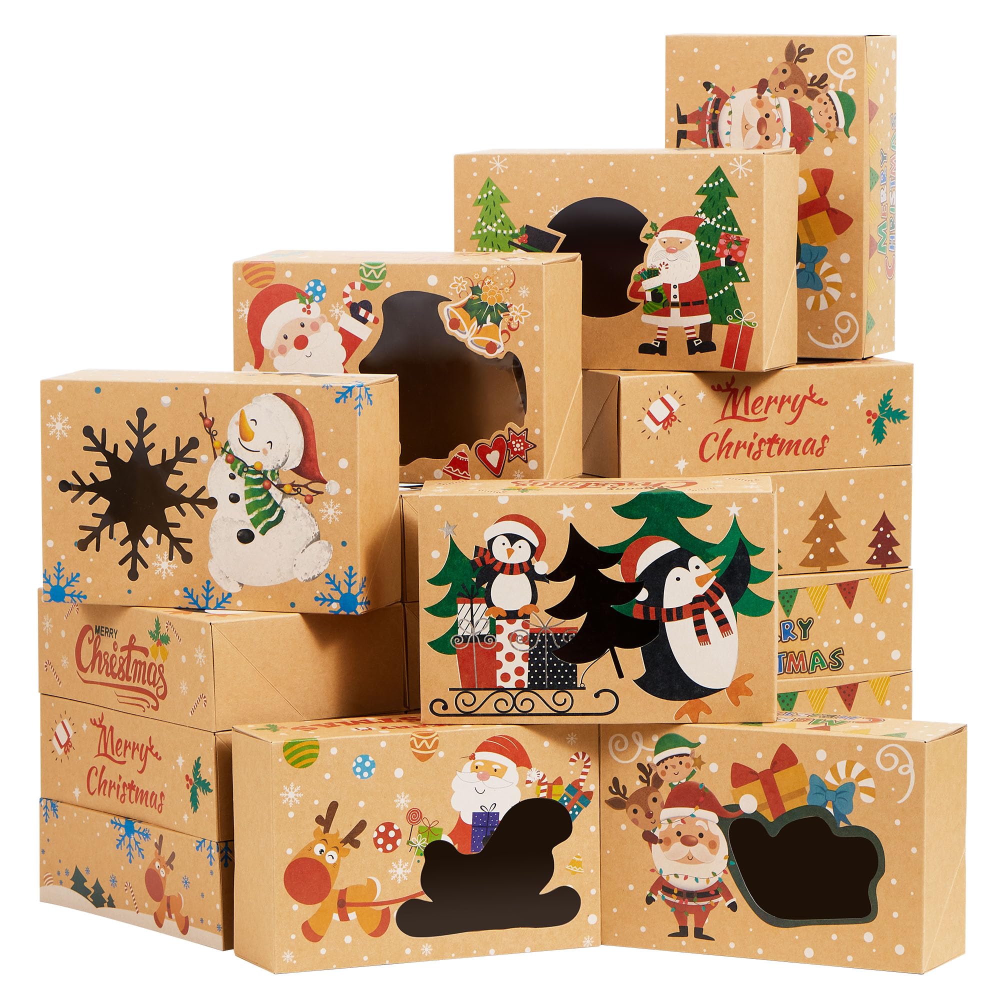 JOYIN 12 Pcs Kraft Christmas Cookie Boxes, 8.5" x 5.75" x 2.75", 6 Designs Bulk Holiday Cookie Boxes for Pastries, Cupcakes, Brownies, Xmas Gifts