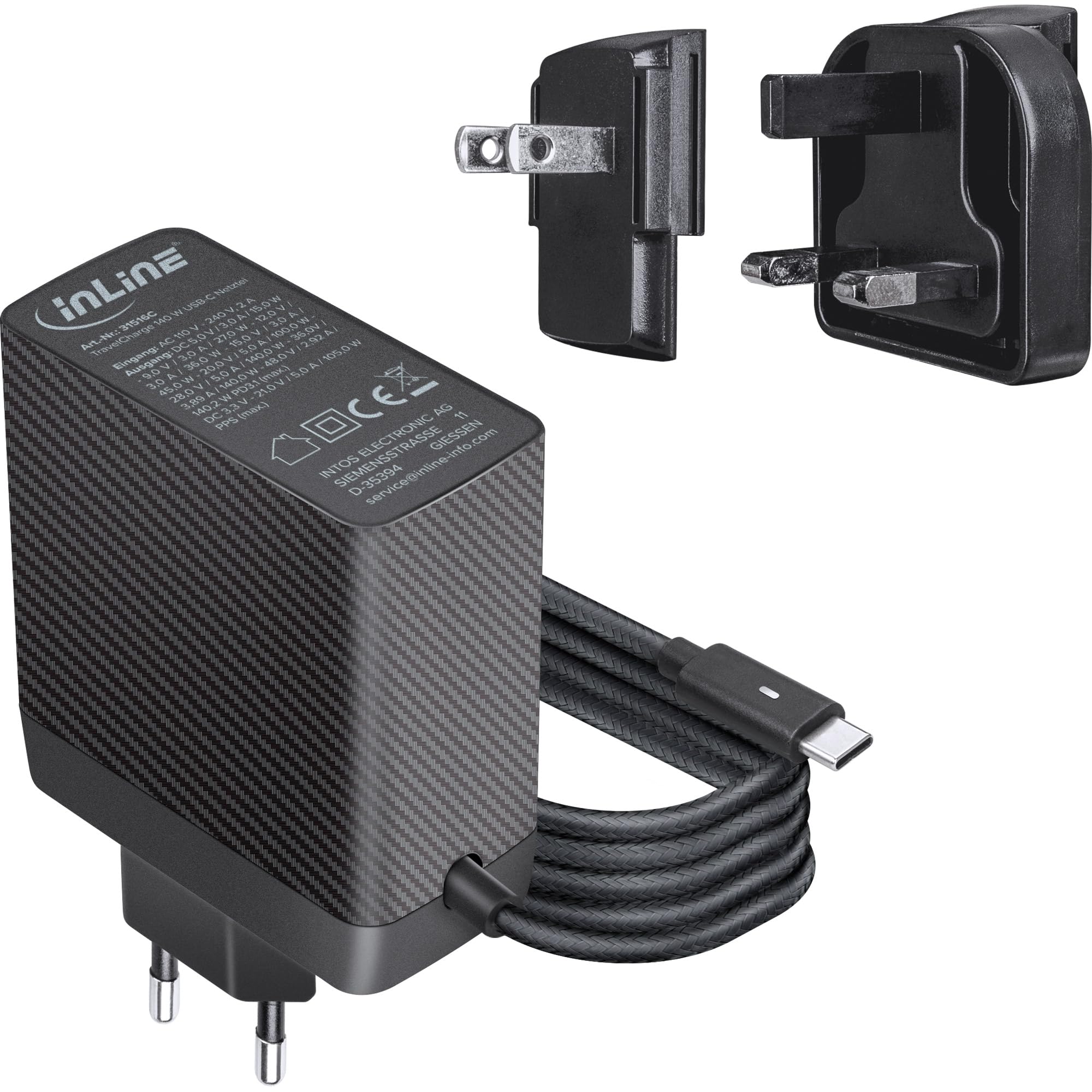 Inline TravelCharge 31516C - Fuente de alimentación USB-C de 140 W con tecnología GAN, Carga rápida, Cable Fijo de 1,2 m, Incluye Enchufe de Enchufe UE/UK/US, Cargador para portátiles, tabletas