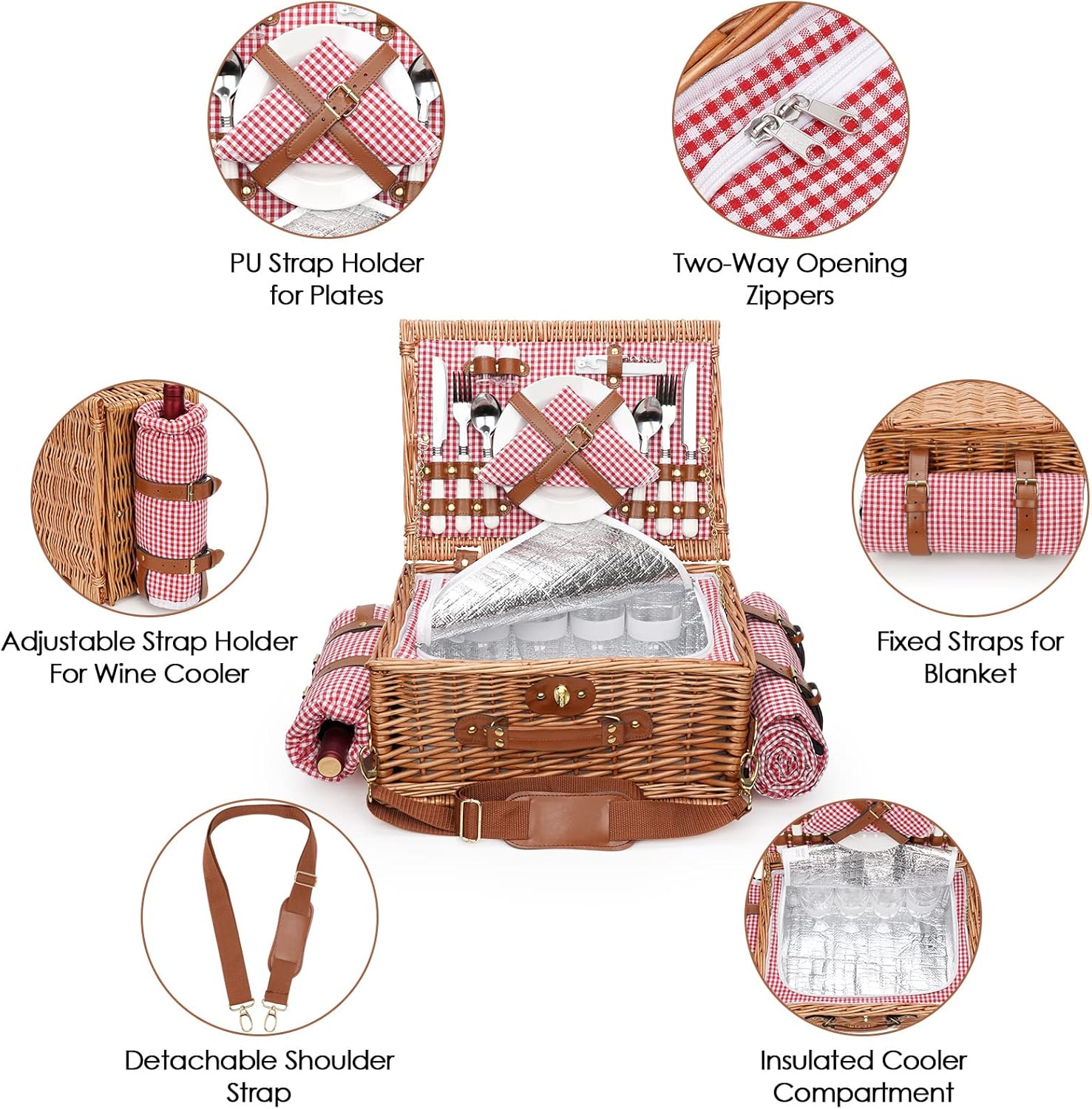 Picnic Basket for 4, Insulated Willow Picnic Baskets with Shoulder Strap, Picnic Hamper with Waterproof Picnic Blanket, Handmade Wicker Hamper for Outdoor, Great Gifts for Thanksgiving, Christmas