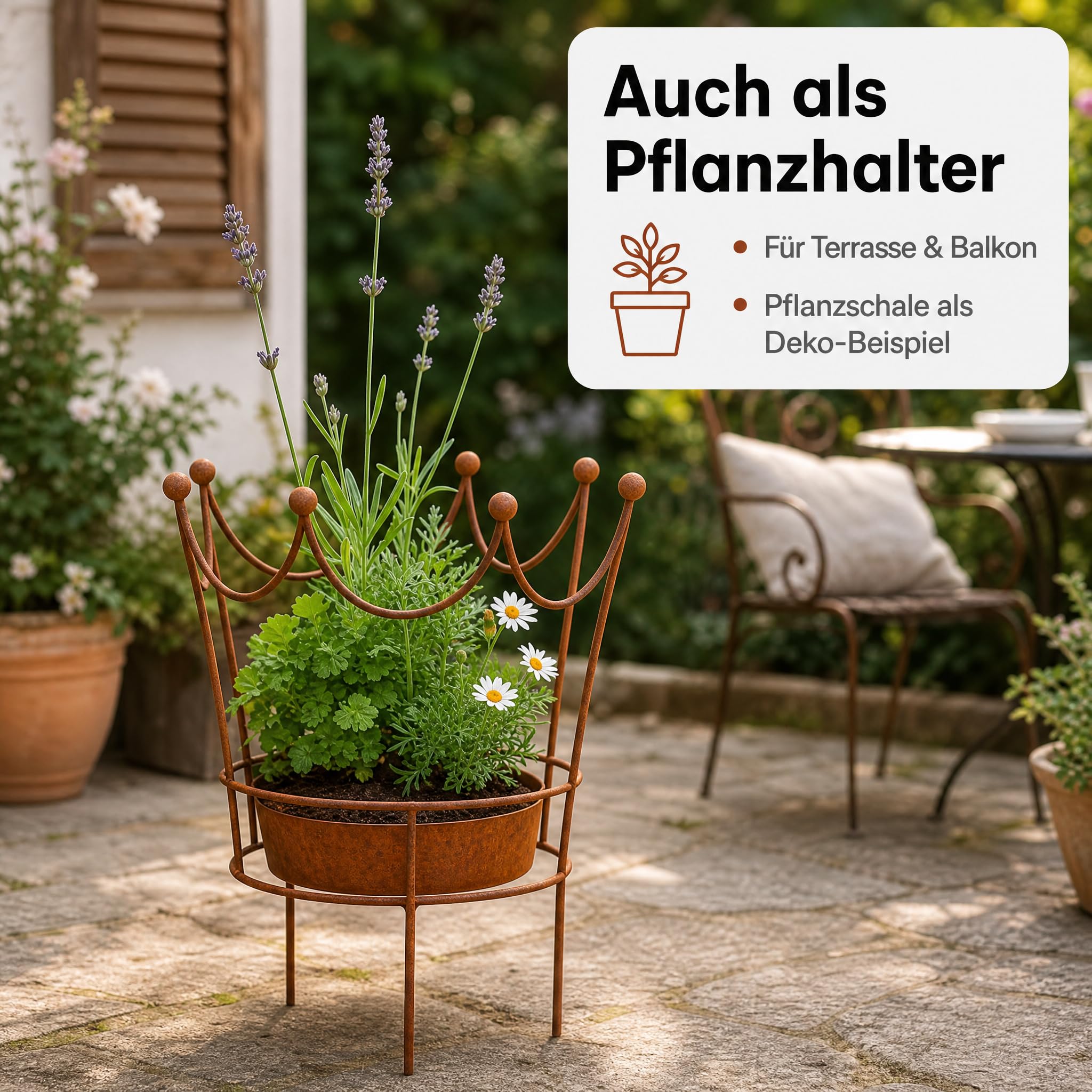 Pflanzenstütze in Edelrost, Staudenstütze Metall in Kronenform, Rankhilfe Garten & Rosenstütze, bepflanzbar, wetterfest, 60 × 50 cm, dekorative Gartendeko Vintage