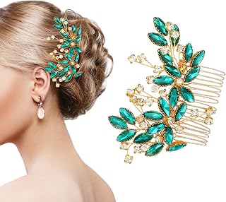 TIESOME Green Crystal Bride Wedding Hair Side Comb, Green Leaf Rhinestone Gold Bride Headpiece Wedding Hair Piece Emerald hair accessories for Women