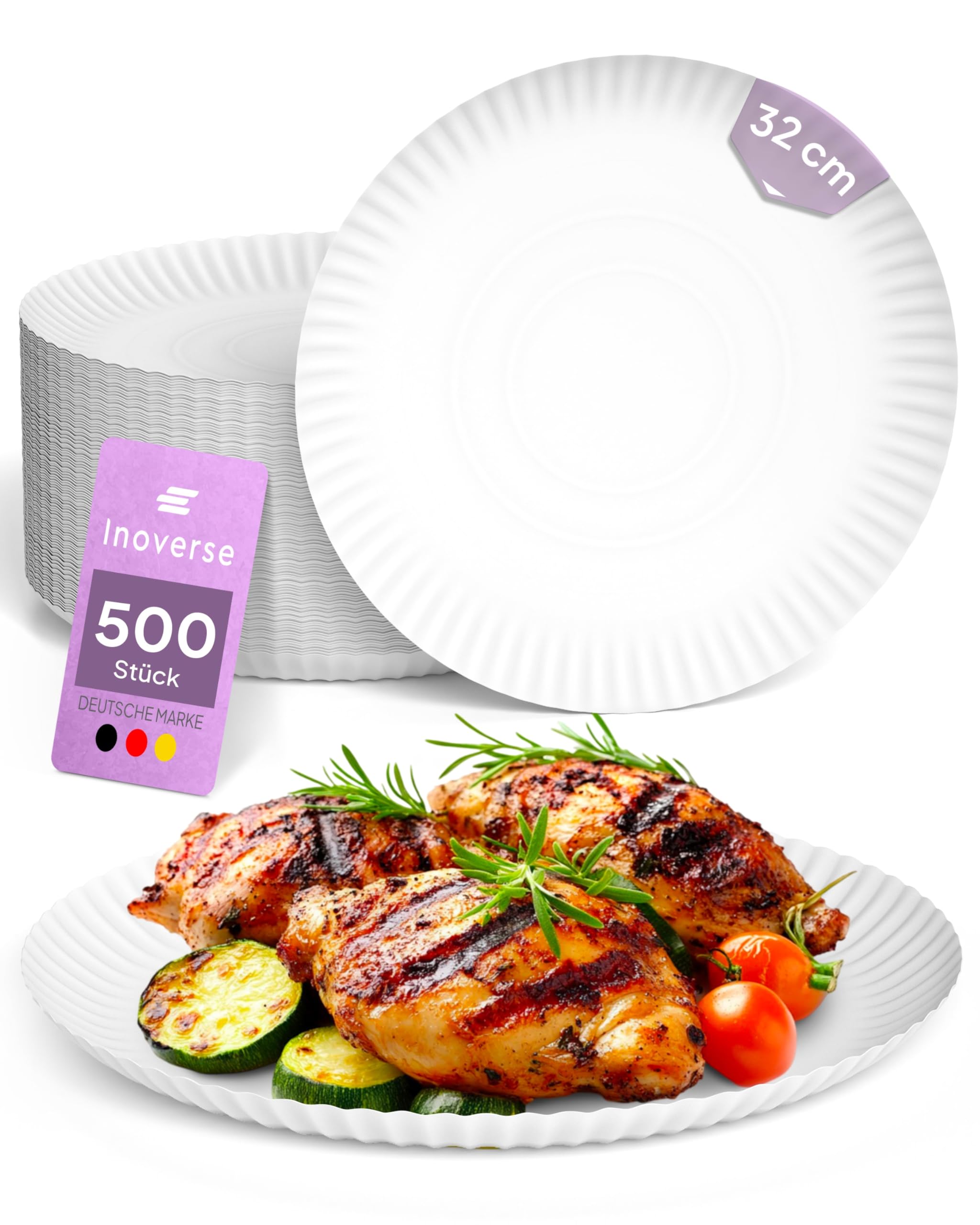 Inoverse Platos de papel grandes redondos de 32 cm, 500 unidades, desechables, color blanco | Platos desechables, ecológicos, desechables, para pizza, tartas, barbacoas, cumpleaños, celebraciones y eventos