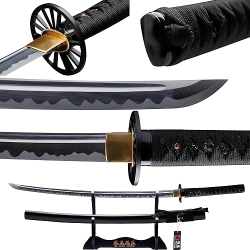 Dejiang Katana Handmade, Real Samurai Sword with Katana Stand and Gift Box, 1095 Carbon Steel T10, Full Tang, Sharp