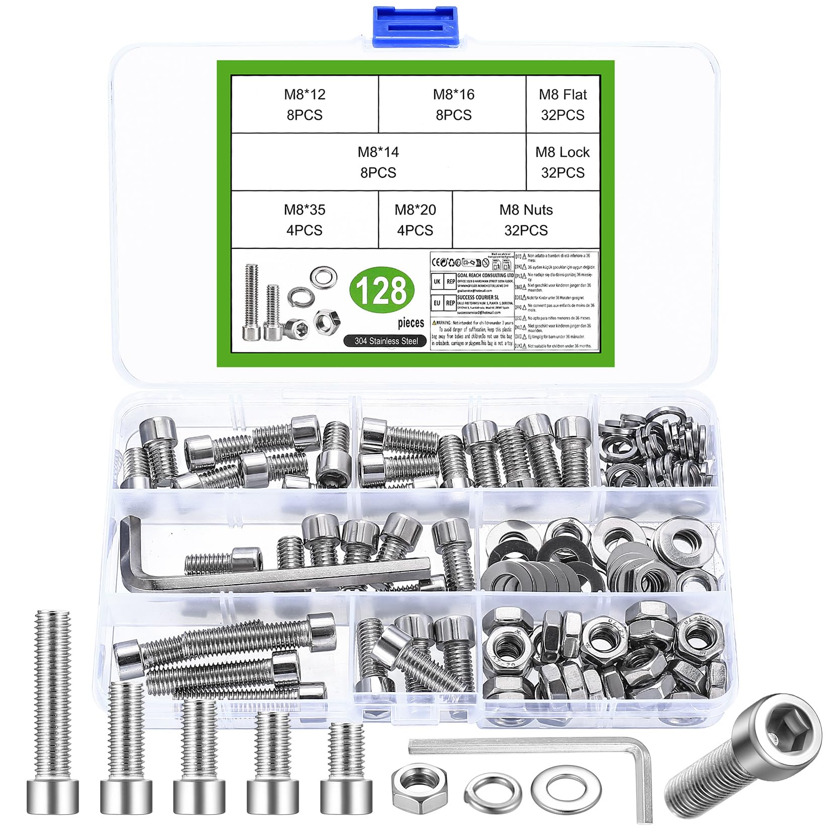 128 Pcs M8 Bolts and Nuts Set, Stainless Steel Nuts and Bolts Assortment, Hex Socket Head Cap Screws Set