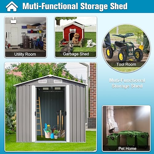 Miniatura 5 de KINTNESS Cobertizo de almacenamiento de metal para exteriores de 6 x 4 pies, cobertizo de herramientas de acero galvanizado con puerta con doble