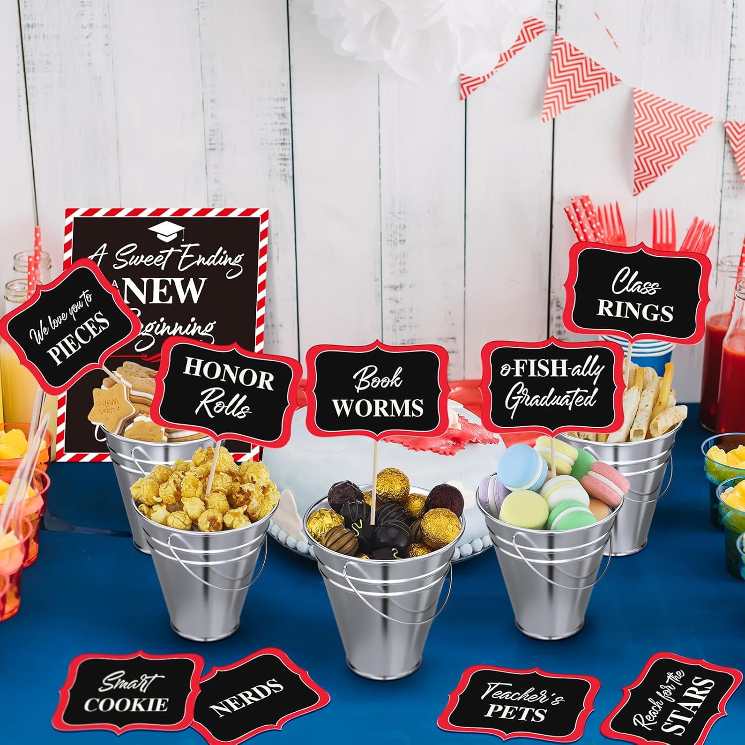 25 Pcs Graduation Candy Buffet Party Decoration Graduation Table Candy Bar Snack Labels Signs and 5'' Buckets with Handle for Class of 2026 High School College(Pure Style,Black,Red and Sliver)