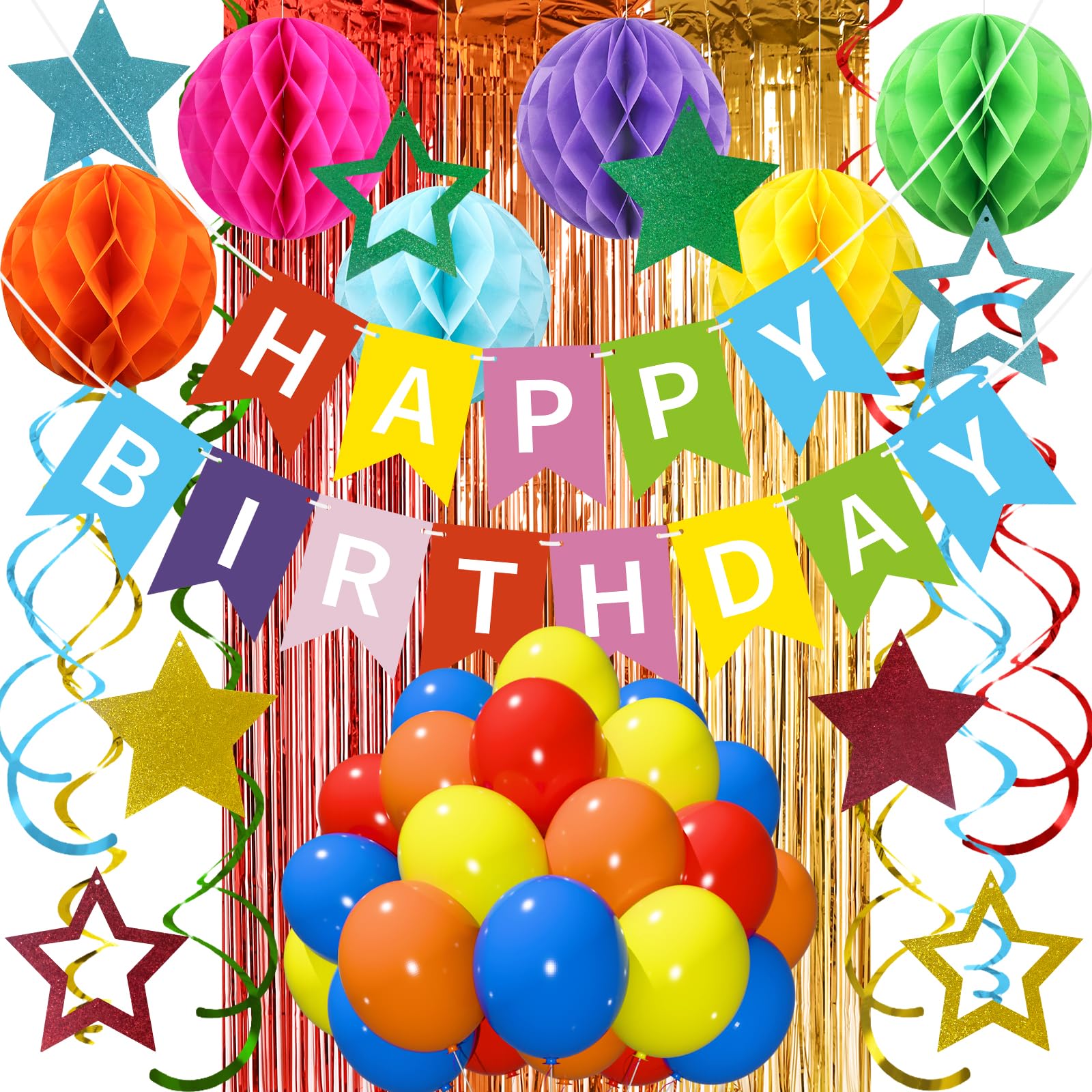 Multicolored Birthday Decorations for Women Girls, Recosis Balloons in Rainbow Tones with Happy Birthday Banner, Honeycomb Balls, Star Hanging Swirls, Foil Curtain Décor