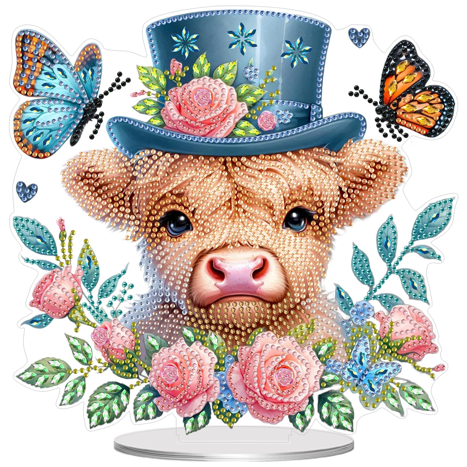 5D Diamond Art Painting Kits for Adults, Diamond Art Tabletop Ornament with Special Shaped Diamonds, DIY Desktop Decor Stand - Festive Holiday Craft Gift(Cow and Flower Butterfly)