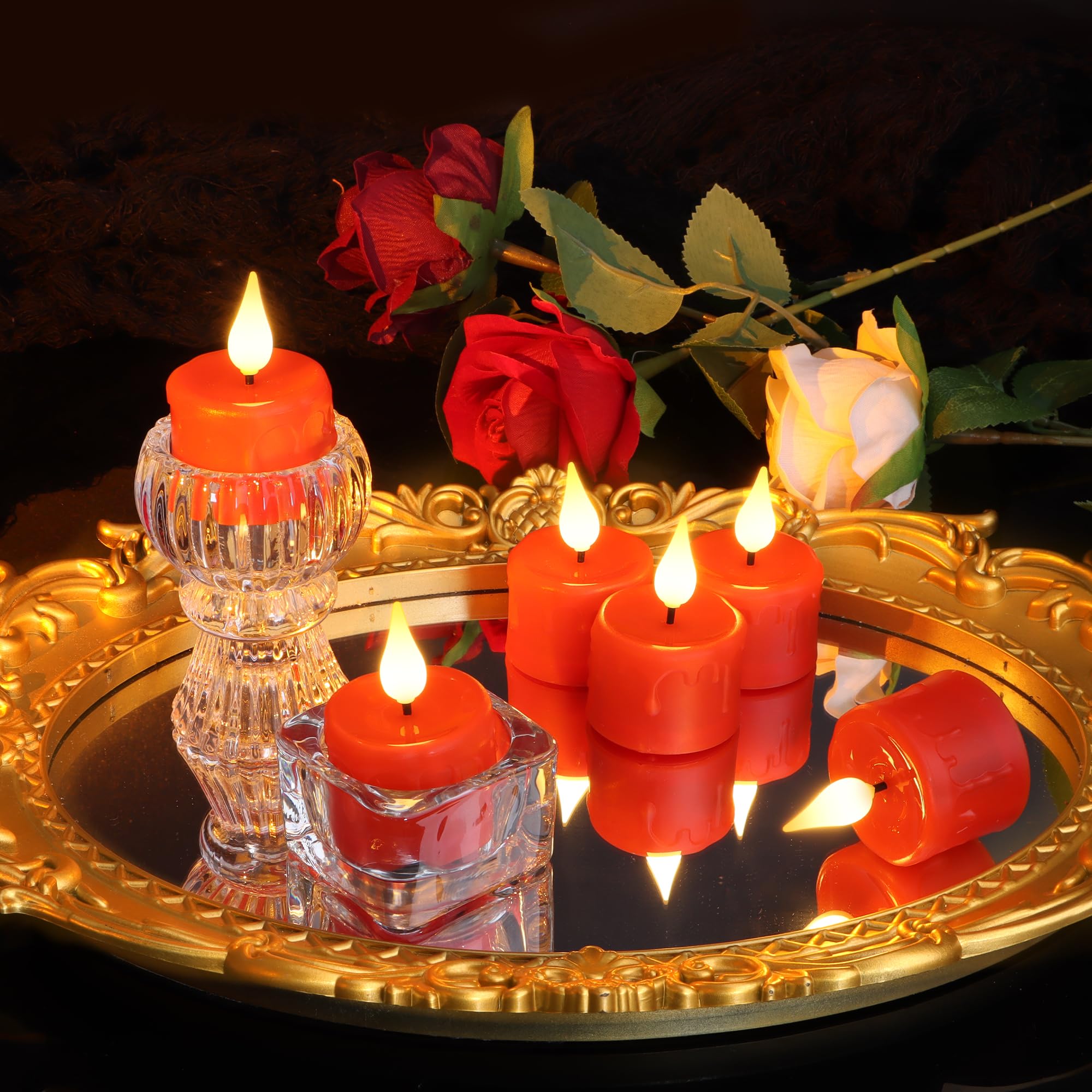 Velas de té recargables sin llama con base de carga y cable USB, control remoto y temporizador, luz blanca cálida parpadeante realista, paquete de 6 velas LED rojas