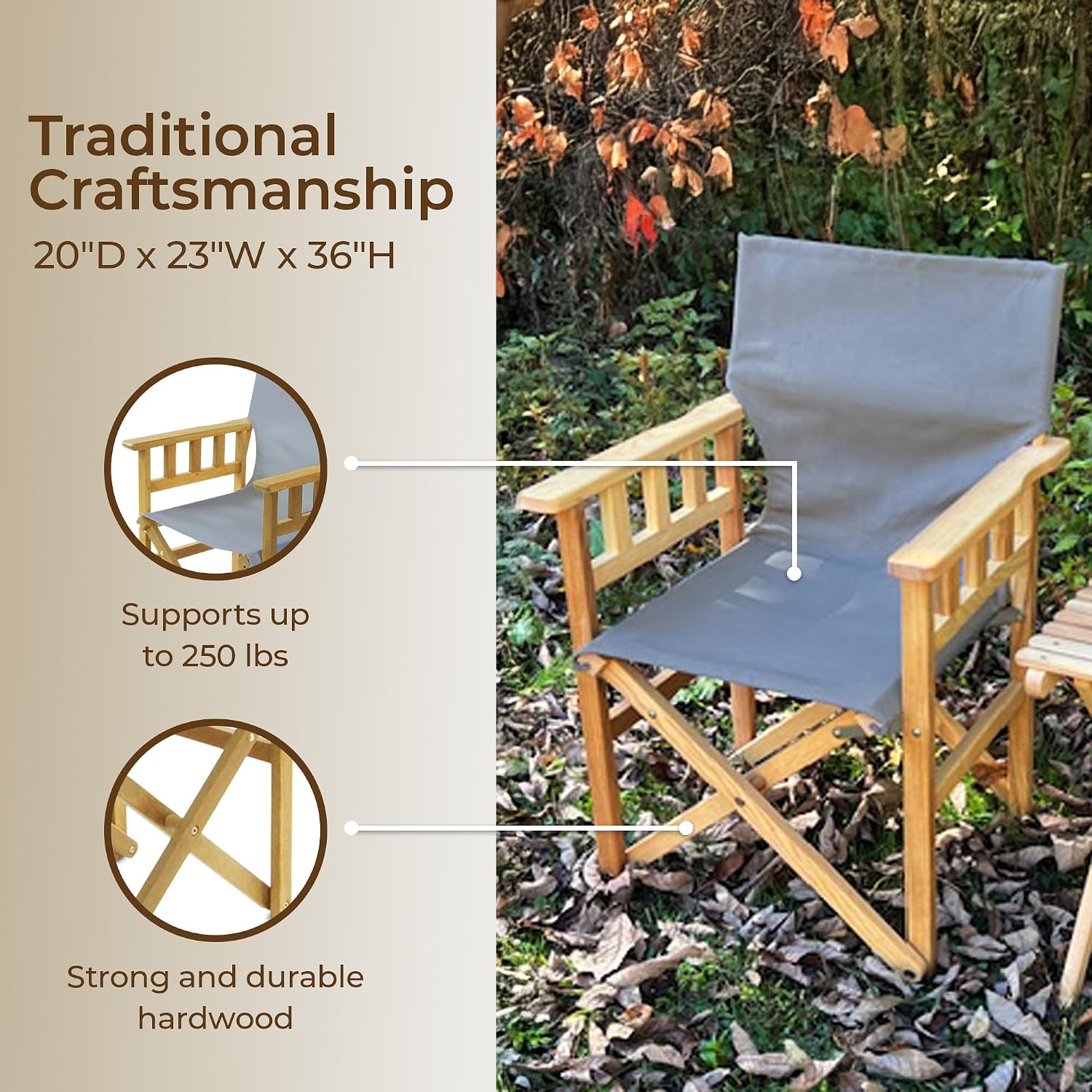 BYER OF MAINE Pangean Campaign Chair, Portable Ash Wood Folding Chair with Heavy-Duty Canvas Seat Material. Ideal Patio, Deck & Camping Seat 20″D × 23″W × 36″H, 250 lbs Capacity in Ash Granite