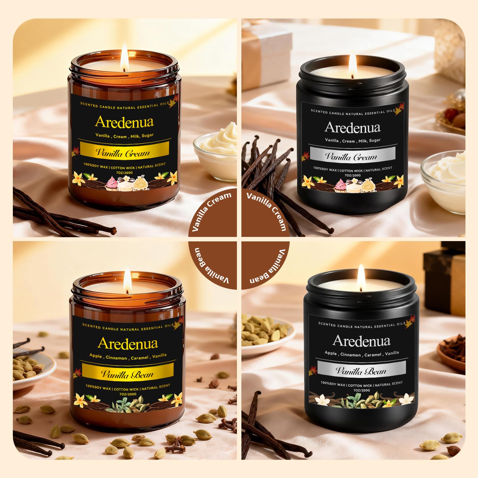 Vanillebohnen-Kerze, Soja-Kerzen mit warmem, süßem Vanille-Aroma, entspannende Duftkerze, gemütliches Winterkerze, Geschenk für Damen und Herren