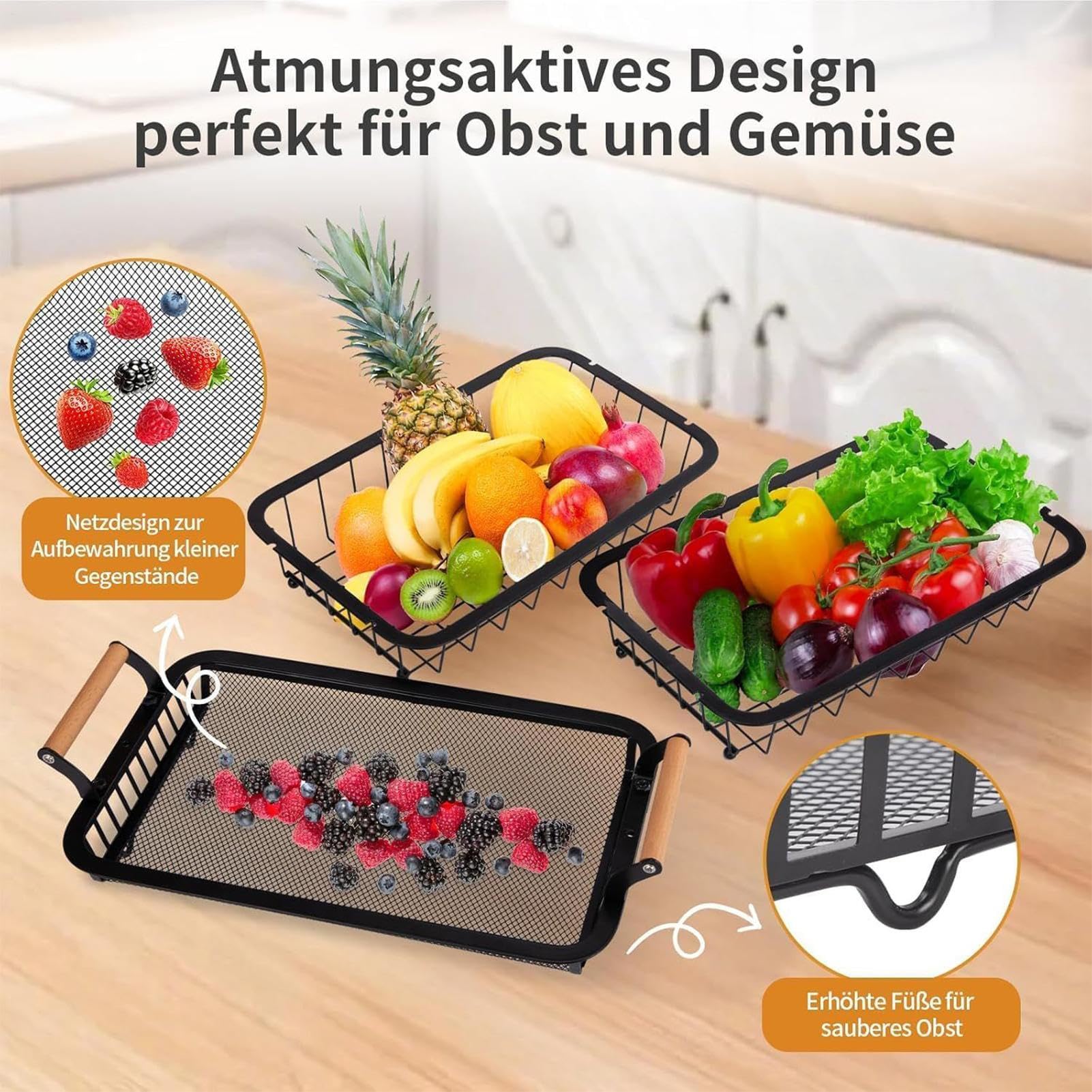 Cesto per Frutta a Livelli Organizzatore per Frutta e Verdura a 3 Livelli | Organizzatore in Filo Metallo con Ganci Banane per Cucina Casa Dispensa Ristorante