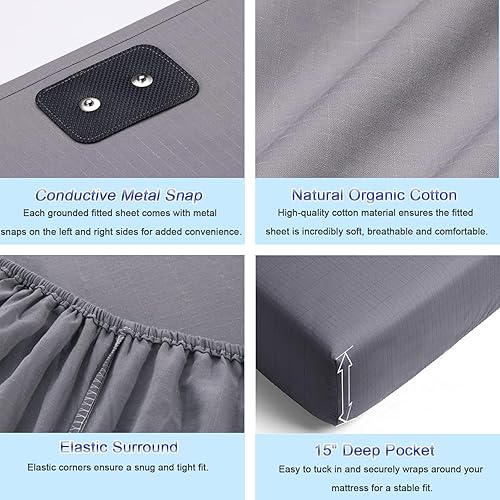 Miniatura 6 de Sábanas de tierra para cama Queen, sábana bajera ajustable 10% plata y 90% algodón orgánico, juego de sábanas conductoras conectadas a tierra para
