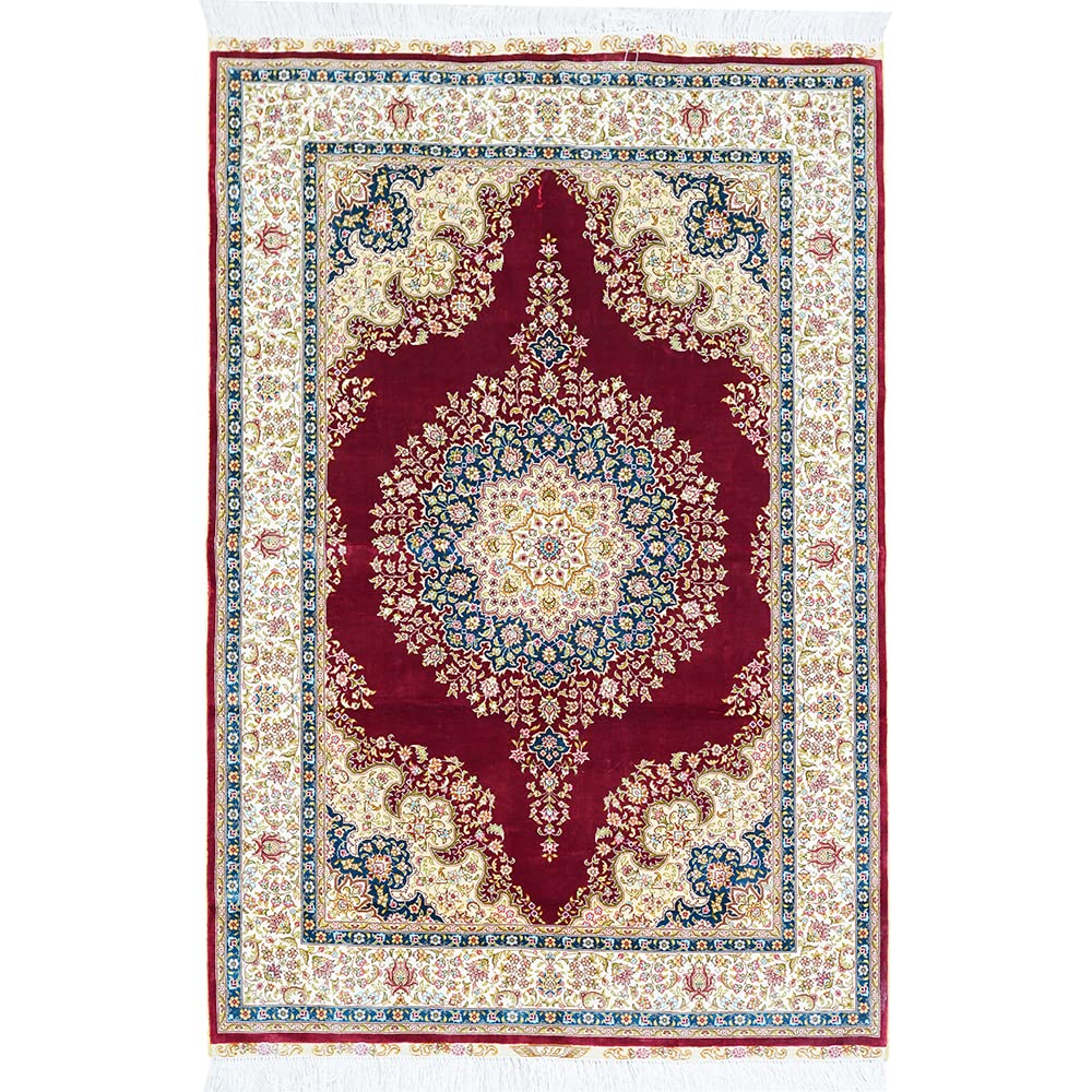 Yuchen Rug Oriental Silk Carpet 4x6 Red Hand Knotted Traditional Medallion Vintage Luxury Silk Living Room Rug