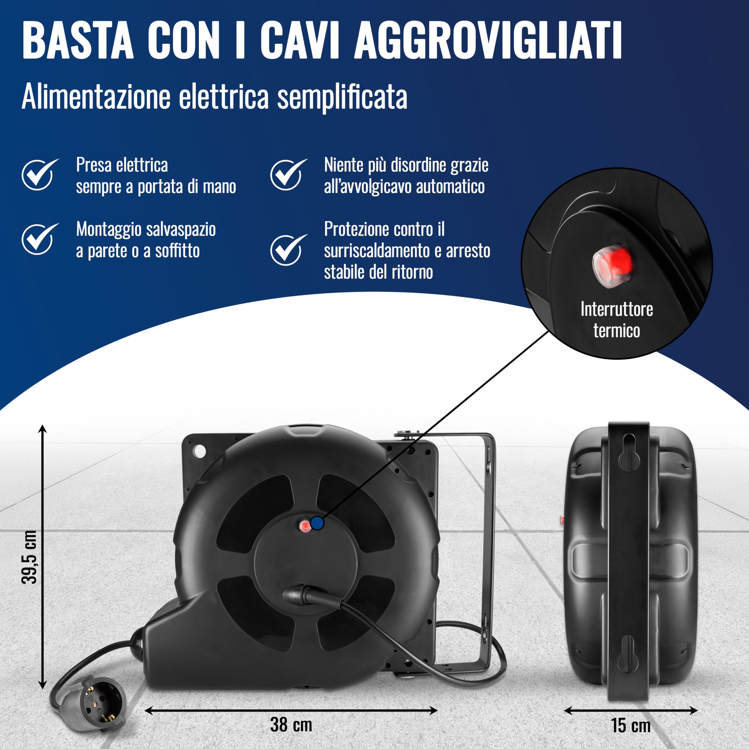 Poppstar Avvolgicavo automatico 20m + 2m (max. 3000W) Avvolgitore di cavi automatico autoavvolgente IP20 con interruttore di protezione termica