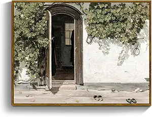 crmotu Vintage Framed Wall Art, Country Landscape Canvas Prints, Grapevine Gate Rustic Farmhouse Decor Painting, Nature Green Scenery Pictures Wall Decor Living Room Bedroom Bathroom Office 12x16in