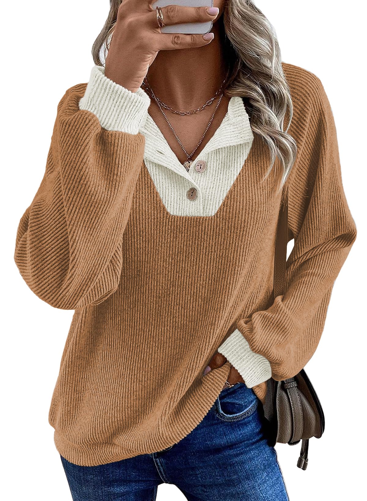 Dokotoo Damen Pullover V-Ausschnitt Knopfleiste Strickpullover Langarm Patchwork Henley Shirt Casual Geripptes Sweatshirt Herbst Winter Locker Oberteile Pulli Sweater S-2XL