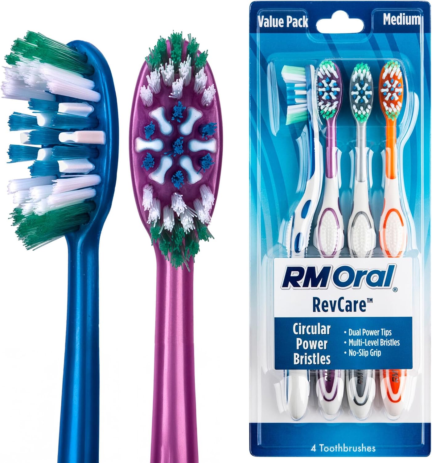 RM Oral RevCare Medium Toothbrush, Circular Power Bristles Power Away Plaque, Tongue & Cheek Cleaner Fights Bad Breath, 4 Count