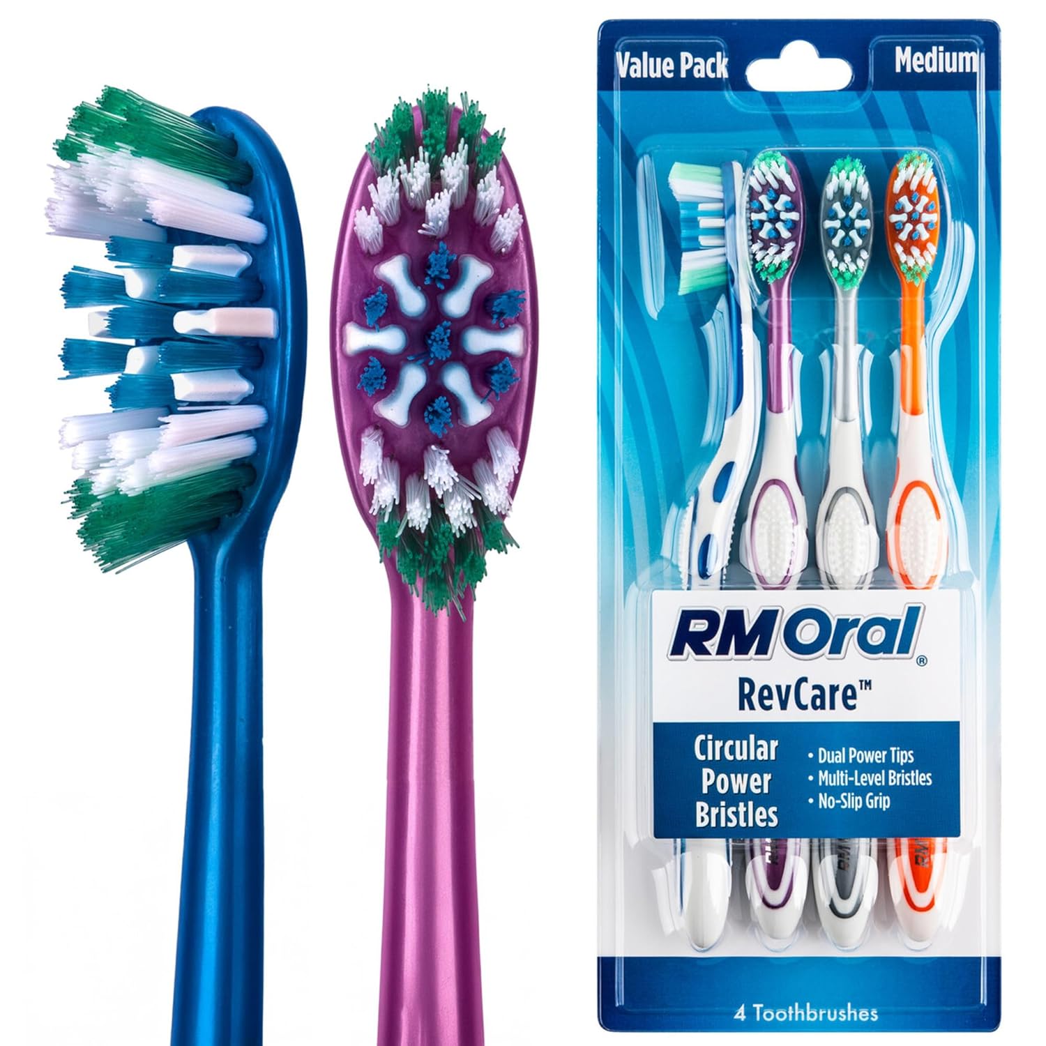 RM Oral RevCare Medium Toothbrush Circular Power Bristles Power Away Plaque Tongue Cheek Cleaner Fights Bad Breath 4