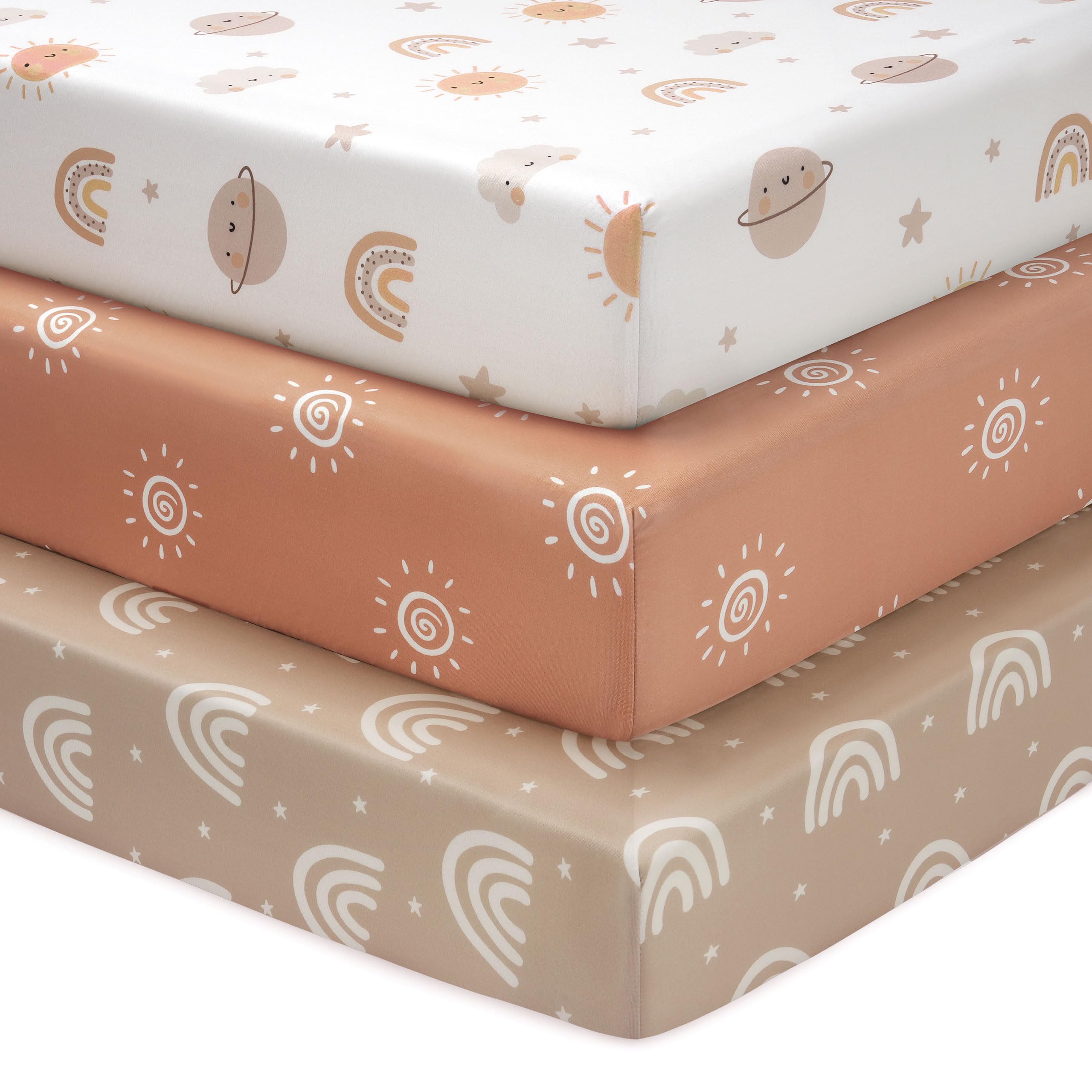 FIEMOL Baby Crib Sheets for Boys and Girls, 3 Pack Toddler Bed Sheets Neutral Fit for 52”x28” Standard Crib and Toddler Mattresses, Super Soft Microfiber Orange Sun Rainbow