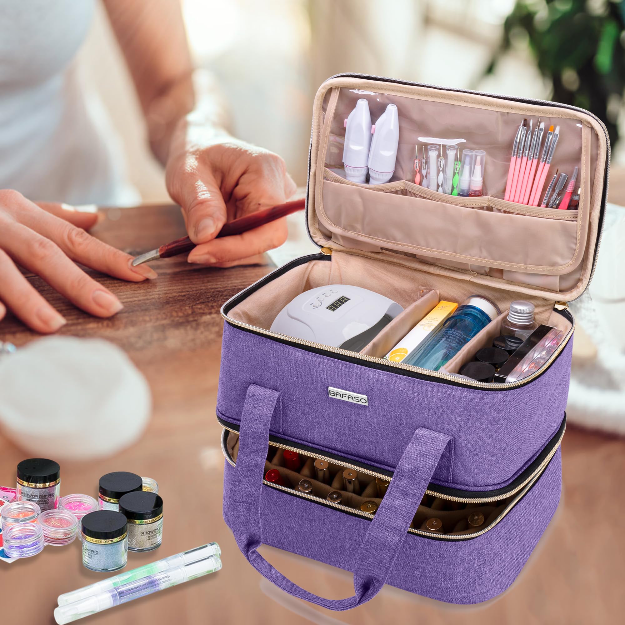 BAFASO Organizer na lakier do paznokci mieści 40 butelek (15 ml - 0.5 fl.oz) i lampę do paznokci, etui na lakier do paznokci z sekcjami do przechowywania narzędzi do manicure (tylko torba), fioletowy