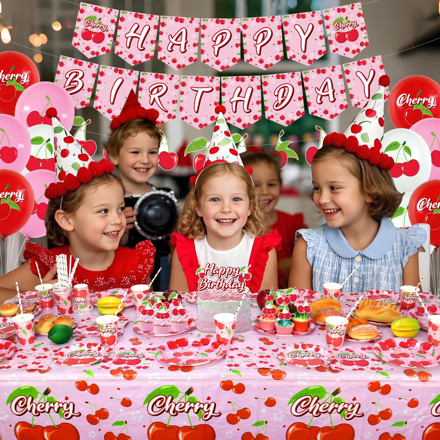 Decorazioni per feste di compleanno di ciliegia, accessori per feste di ciliegia, tra cui striscioni, piatti, topper per torte, tazze, tovaglioli, palloncini, tovaglia, 20 (LQ)