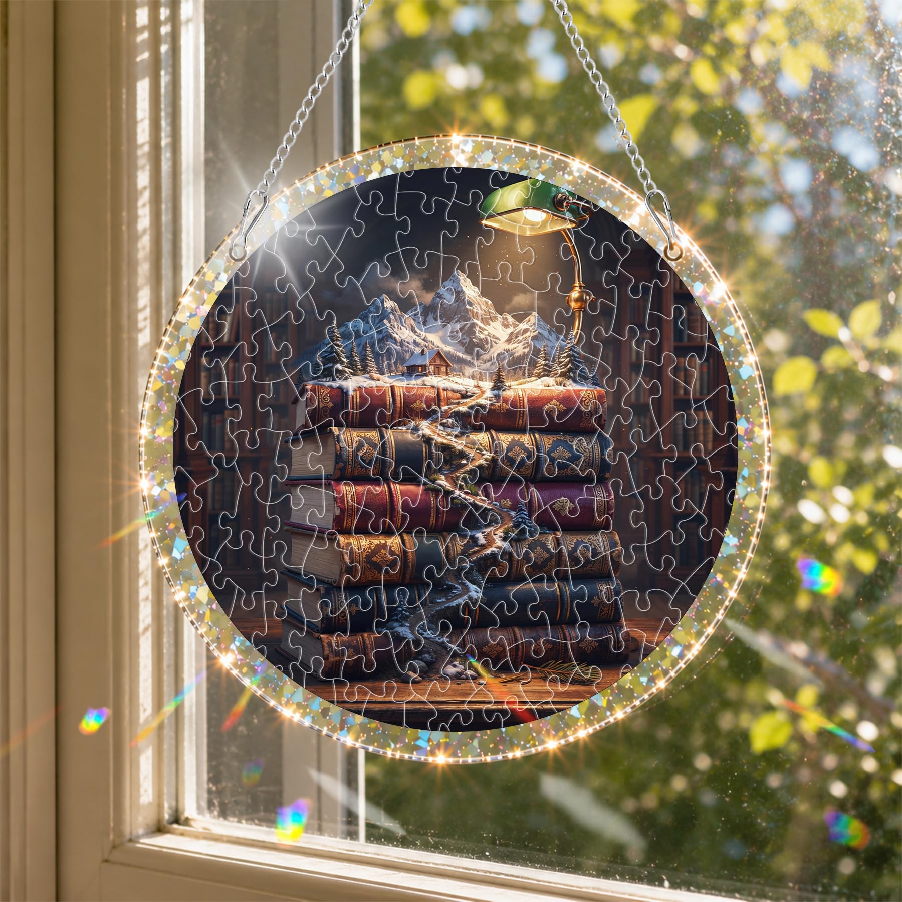 Reofrey Acrylic Puzzle Suncatcher for Adults, 83 Piece Book Landscape Window Hanging, Stained Glass DIY Jigsaw Puzzle, Double-Sided Acrylic Decor, for Mom, Home Garden Decoration, 18x18cm