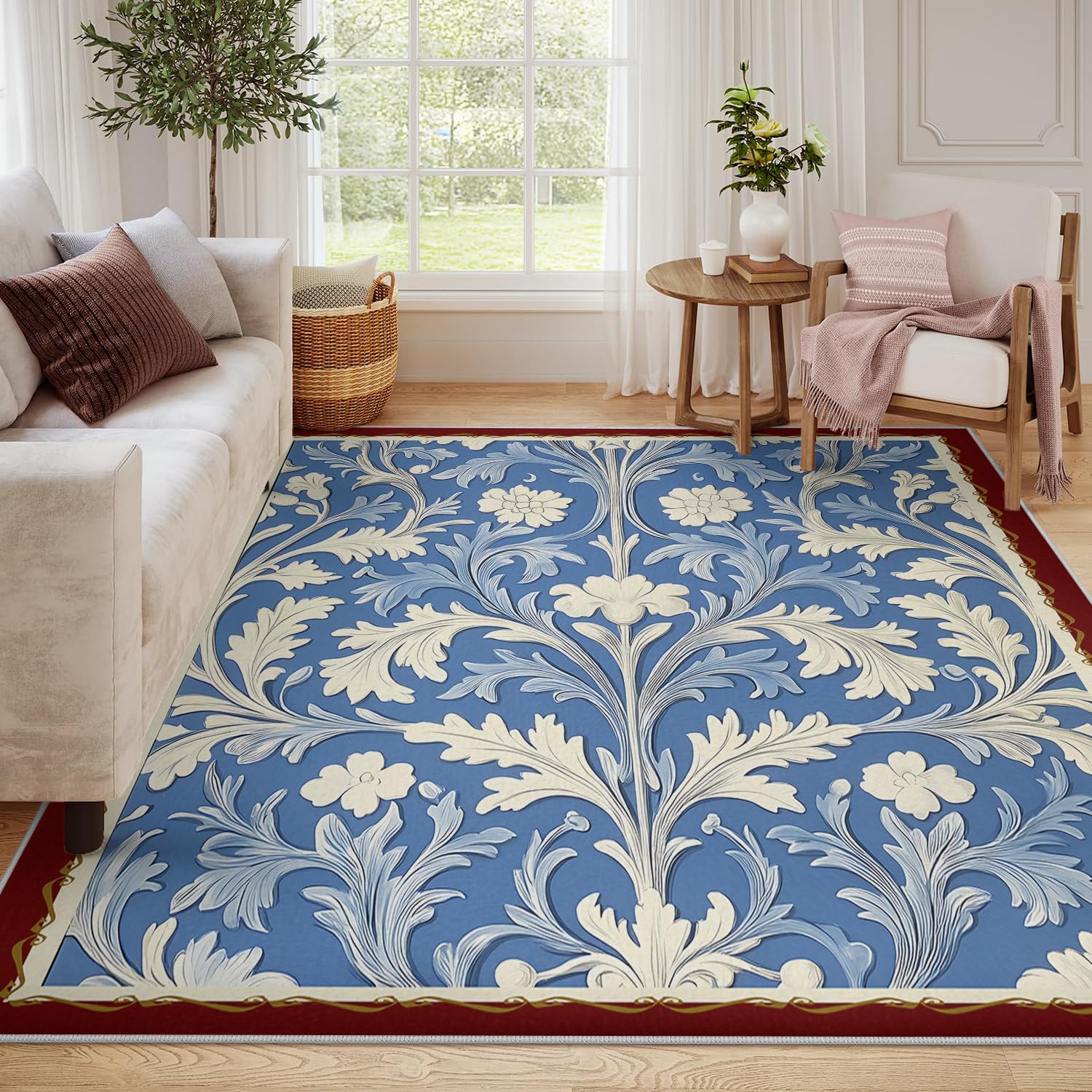 Tapis floraux de salon 80x150cm bleu lavable pour chambre