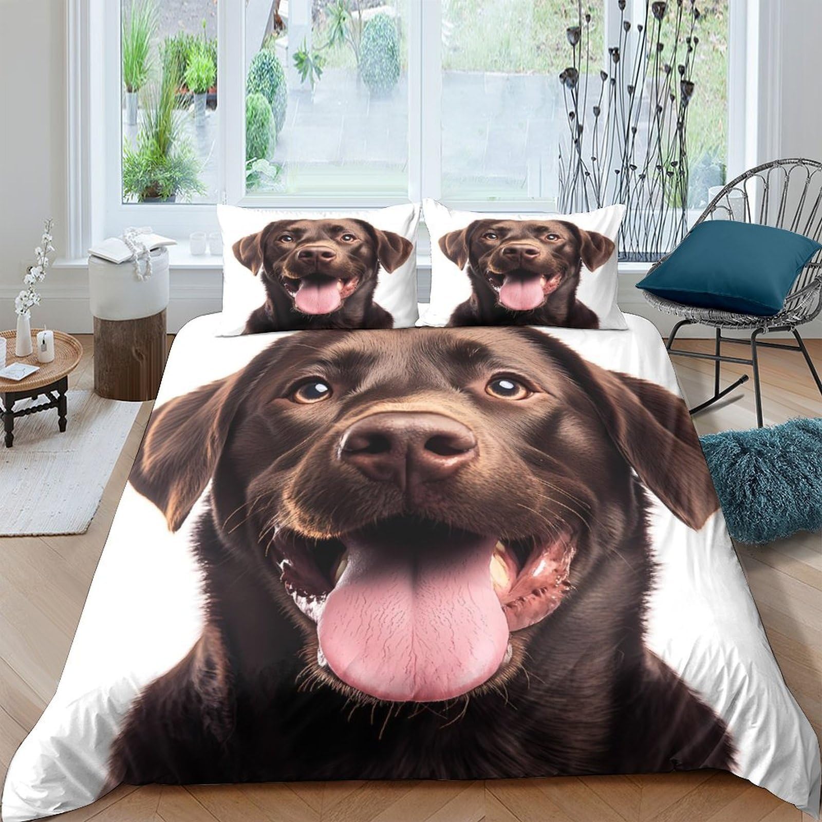 GPLZQXKJNH 3D Printed Brown Dog Duvet Cover Microfiber Soft Breathable Labrador Bedding Set with 2 Pillowcases for Bedroom Home Single（135x200cm）