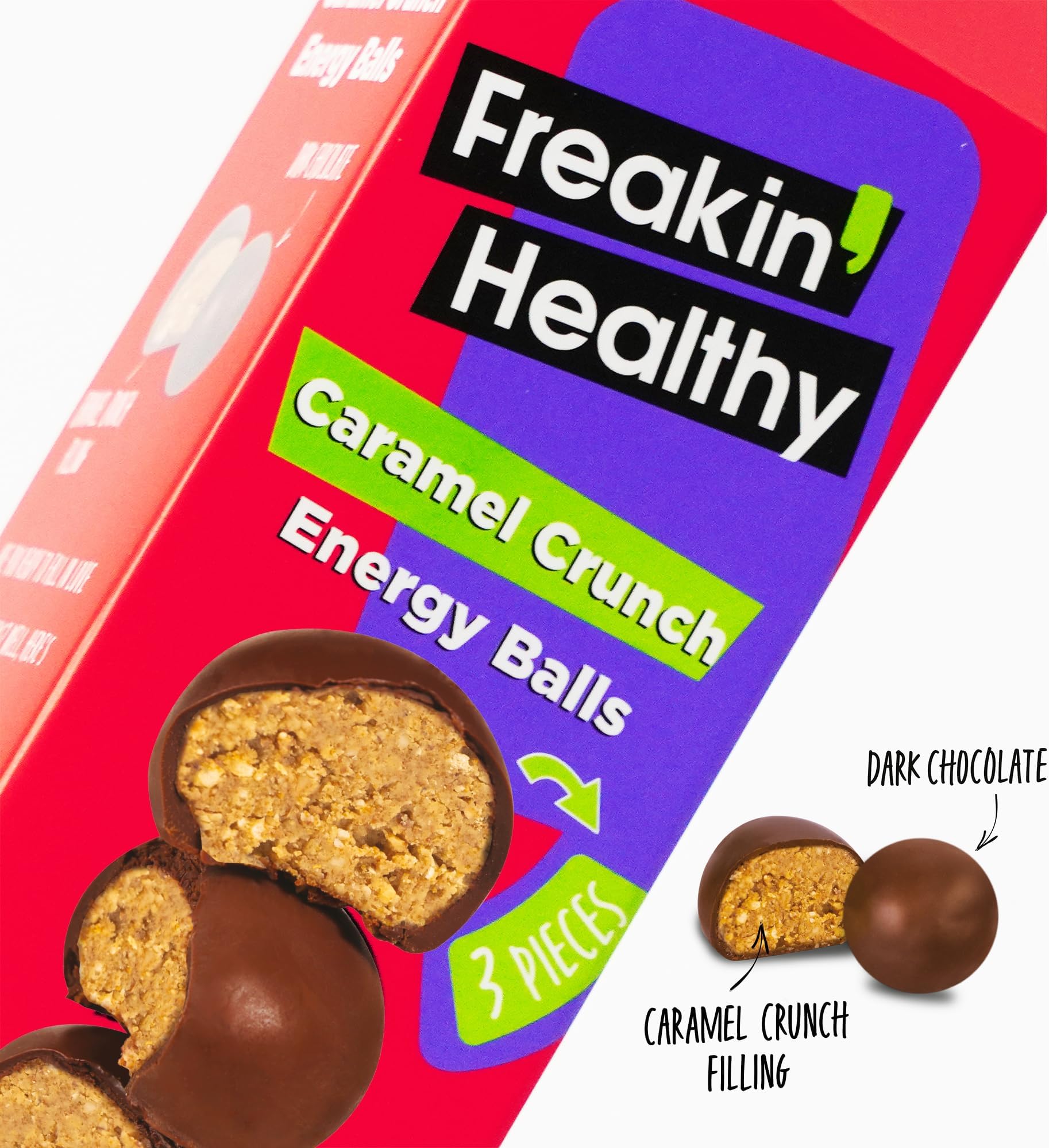 Freakin Healthy Caramel Crunch Energy Balls 60g โ Dark Chocolate Covered, Individually Wrapped, Plant Based Snack.