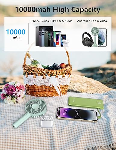 Miniatura 2 de Cargador portátil delgado de 10000 mAh con cable integrado, cargador de teléfono de viaje, paquete de batería externa para teléfono, 4 salidas USB