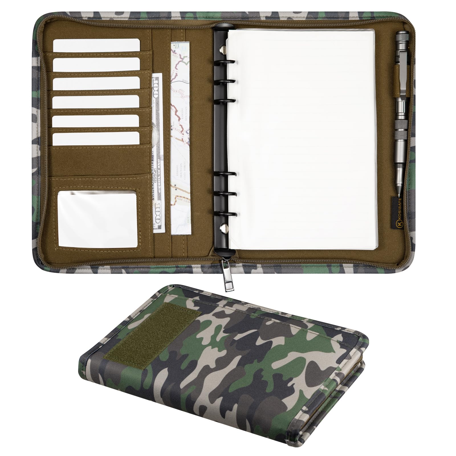 Padfolio Ring Binder with 80 Sheets 160 Pages of Loose-Leaf Paper, Weatherproof Notebook Cover, Tactical Notebook with Zippered for Folders,Refillable 6-Ring Notepad(Camouflage,7.3"x10.1")