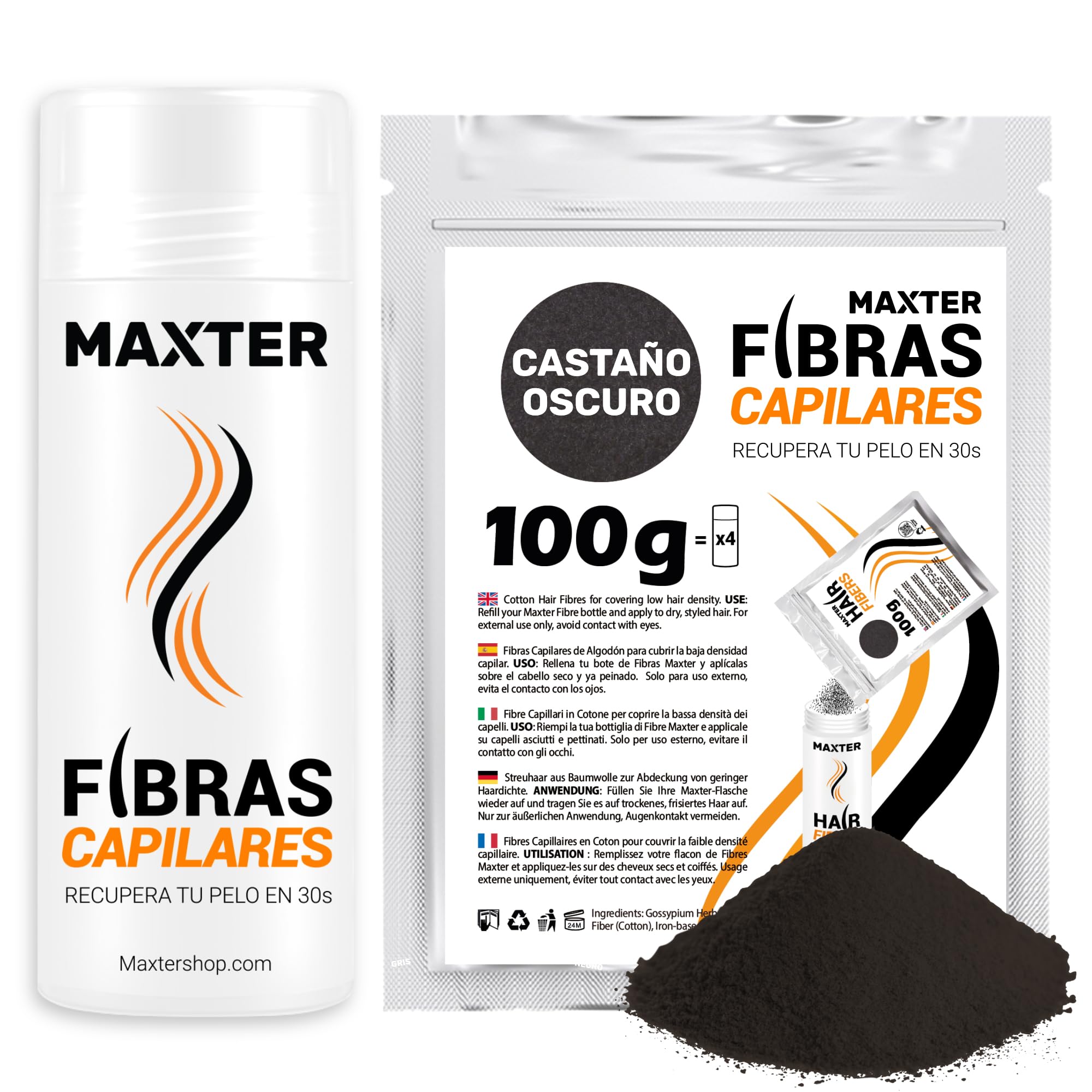 Maxter Fibre Capelli CASTANO SCURO + Borsa di Ricarica 100g - Polvere Volumizzante Capelli per Nascondere la Caduta dei Capelli e la Calvizie - Fibre Cotone per Capelli - Per Uomo e Donna - Hair Fiber