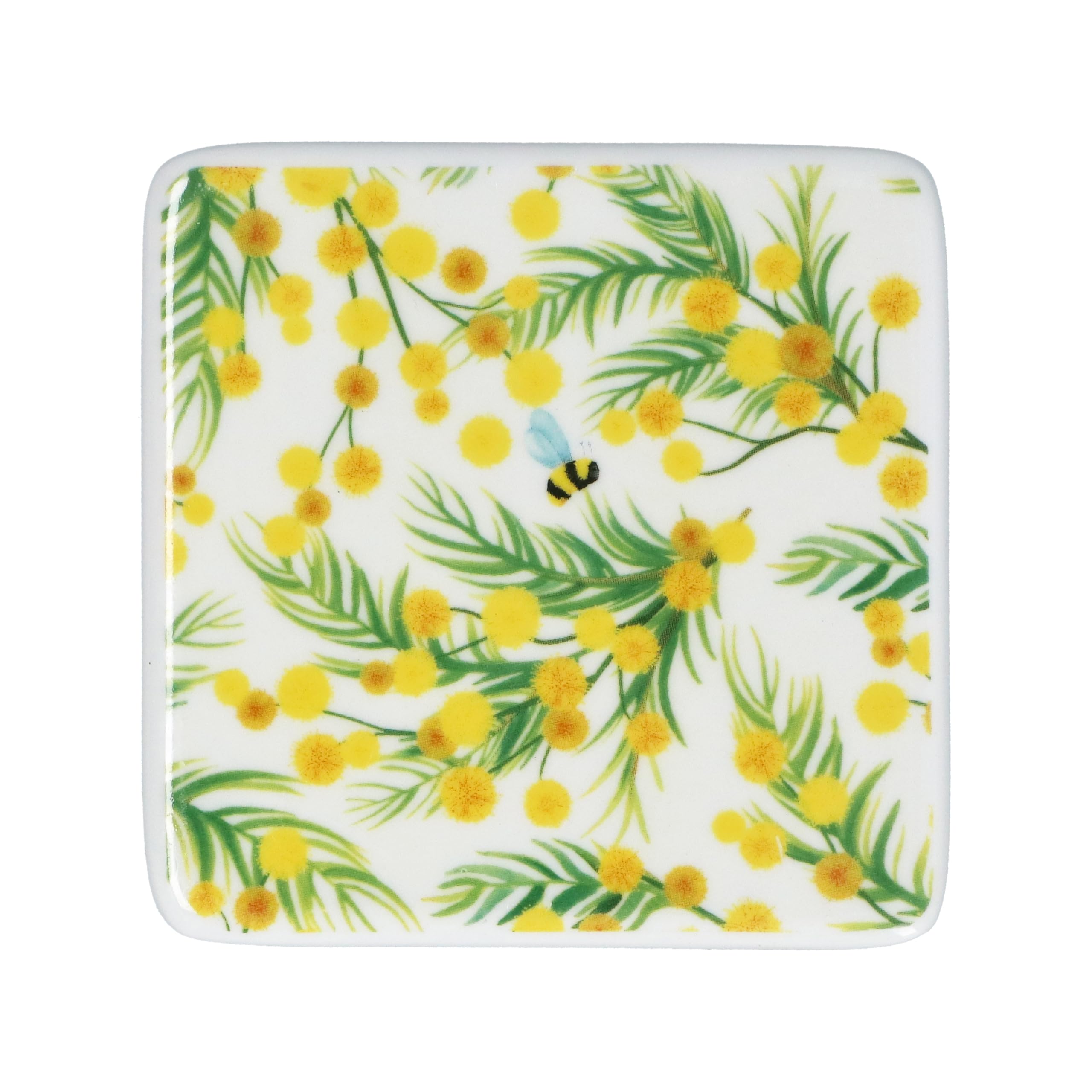 Gisela Graham Square Drinks Coaster, Yellow Mimosa, Porcelain, 10cm, Single