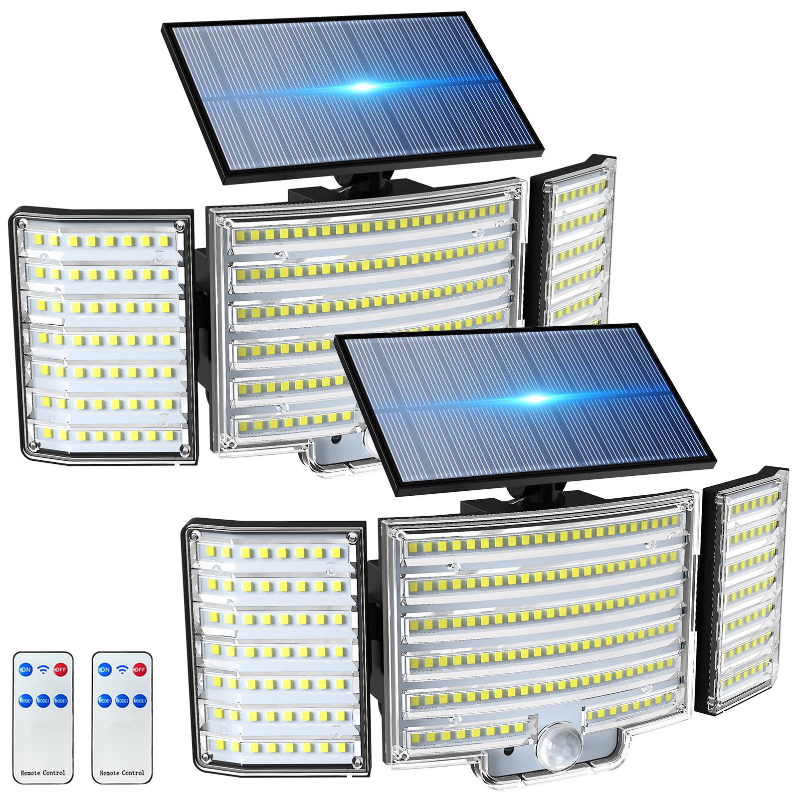 nipify Foco Solar Exterior, Luz Solar Exterior con Sensor de Movimiento, Focos LED Exterior Solares con Mando a Distancia, 3 Modos IP67 Impermeable Lampara Solar para Jardín, Garaje, Patio, 2 Paquete