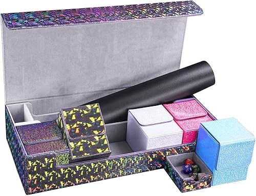 Dmoicols Caja de cartas con 5 cajas pequeñas y tapete de juego, caja de almacenamiento de cartas grande de cuero de alta calidad con capacidad para