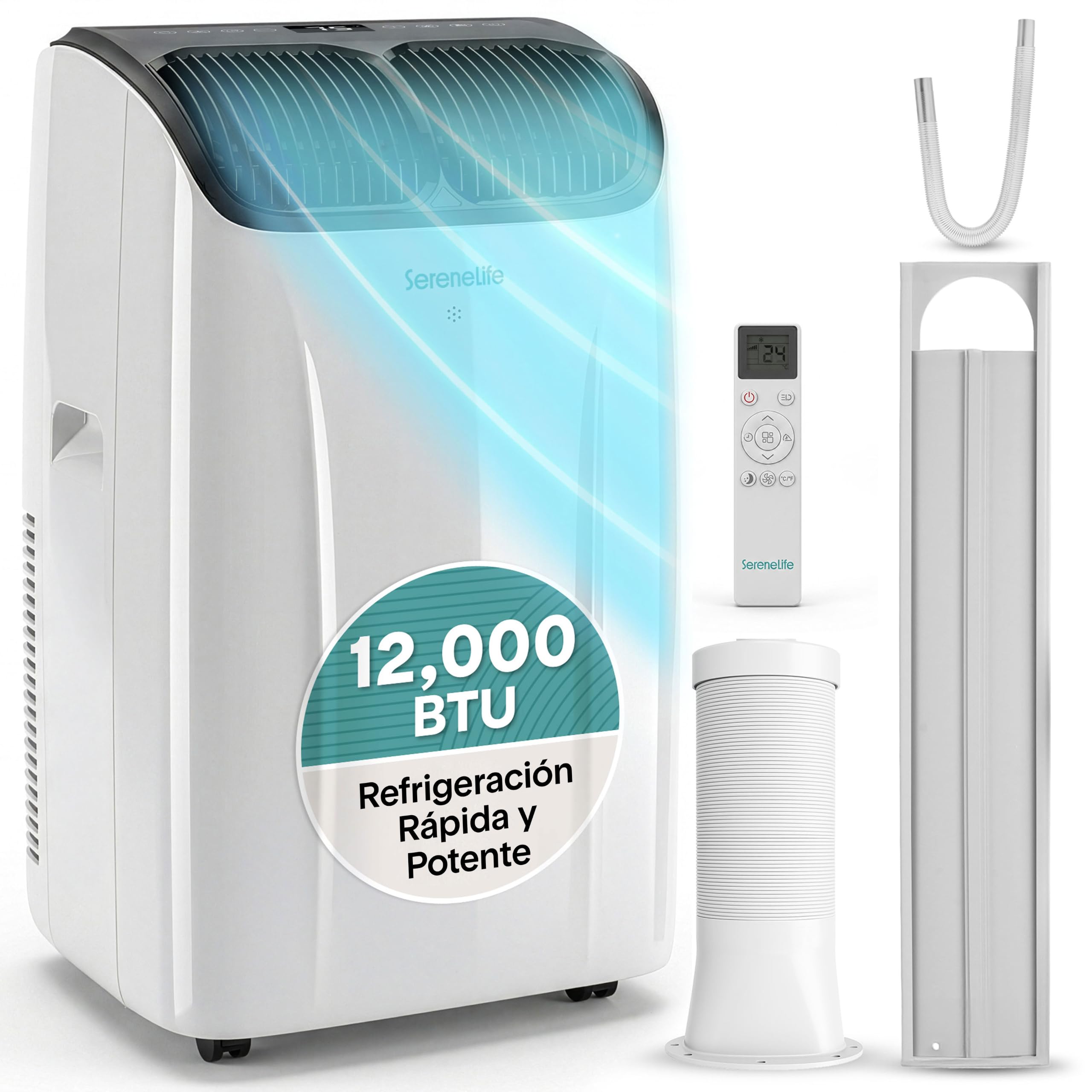 SereneLife Aire Acondicionado Portatil 12000 BTU, Climatizador 3 en 1 con Frio, Ventilador y Deshumidificador, Silencioso, con Kit de Ventana Incluido, para Hogar y Oficina