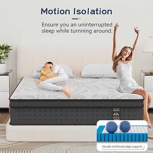 Miniatura 5 de Colchón tamaño King, de 14 pulgadas, colchón híbrido en una caja, resortes de bolsillo individuales con espuma viscoelástica, firmeza media, alivio