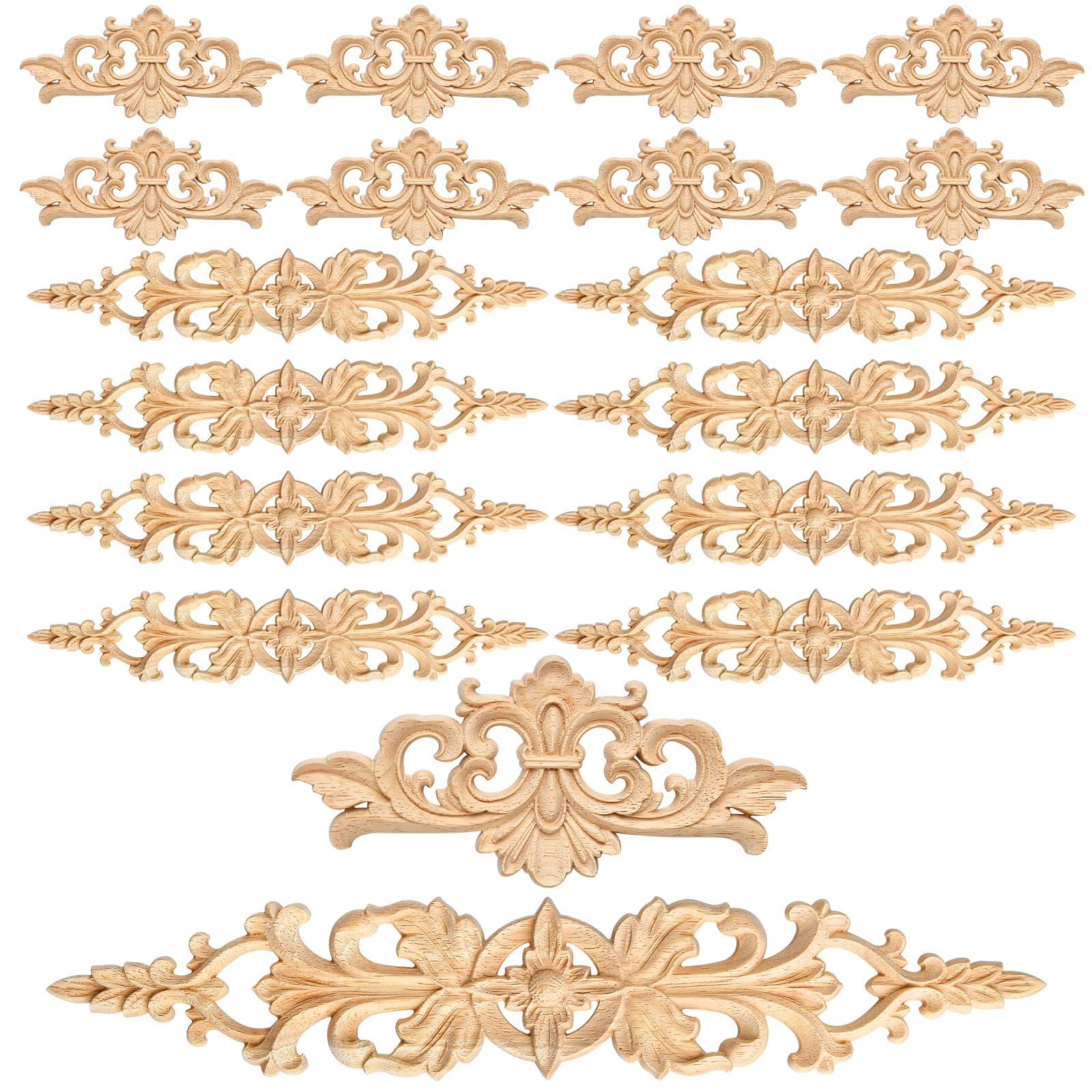 Supkiir 16Pcs Wood Appliques, Carved Unpainted DIY Decorative Wooden Applique Trim Decal Wood Embellishments for Furniture Cabinet Dresser Bed Wall 2 Sizes