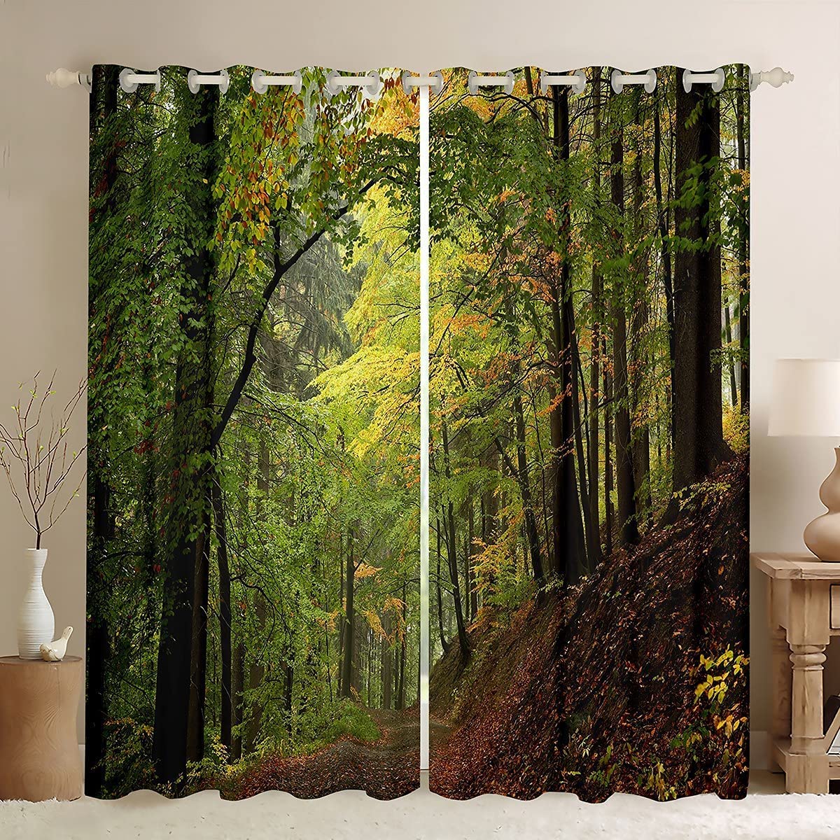 Three Curtains Autumn Three Window Drapes for Teens Kids Men Trees Foggy Print Window Treatments Woodland Scene Window Curtain,W66*L90 — image 1