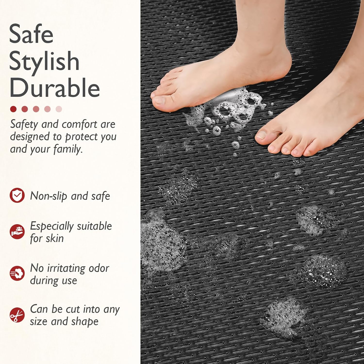 Extra Large Non-Slip Shower Mat, Fast-Dry PVC Bath Stall & Tub Mat, Drain-Hole Design,for Shower Stall Tub for Elderly/Kids，Non Slip Bathroom Safety Accessory，Black 32"x47" image 4