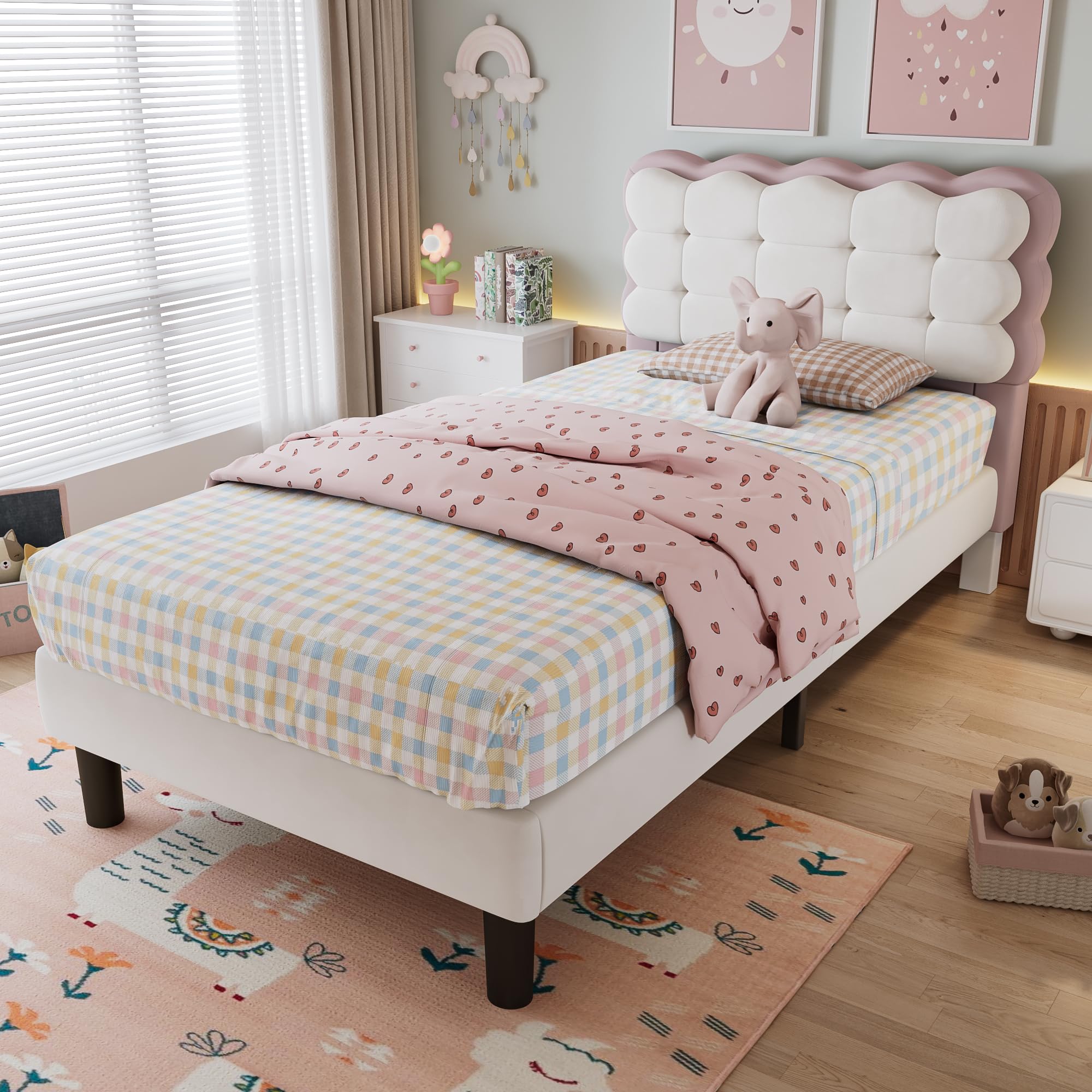 Merax Single bed frame, 3ft Single Upholstered Bed, Chic Biscuit Shape Headboard, Sturdy Wooden Slat Support, Velvet Fabric(No Mattress), Beige+Pink/90CM*190CM โ image 1