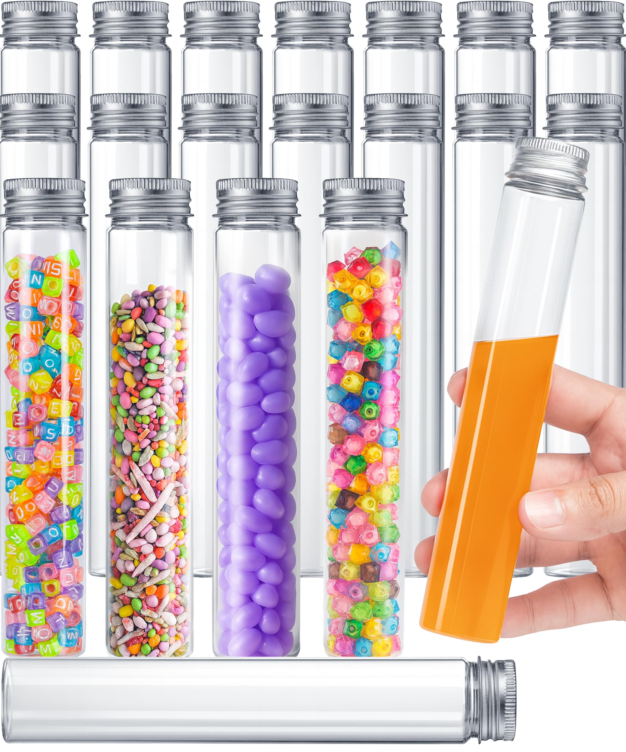 Berenti - 20 tubos de ensayo de plástico con tapas (115 ml) – 1.2 x 7.4 pulgadas / 30 x 188 mm como recipientes de almacenamiento para dulces, abalorio, polvo, tubo de ensayo transparente para pruebas