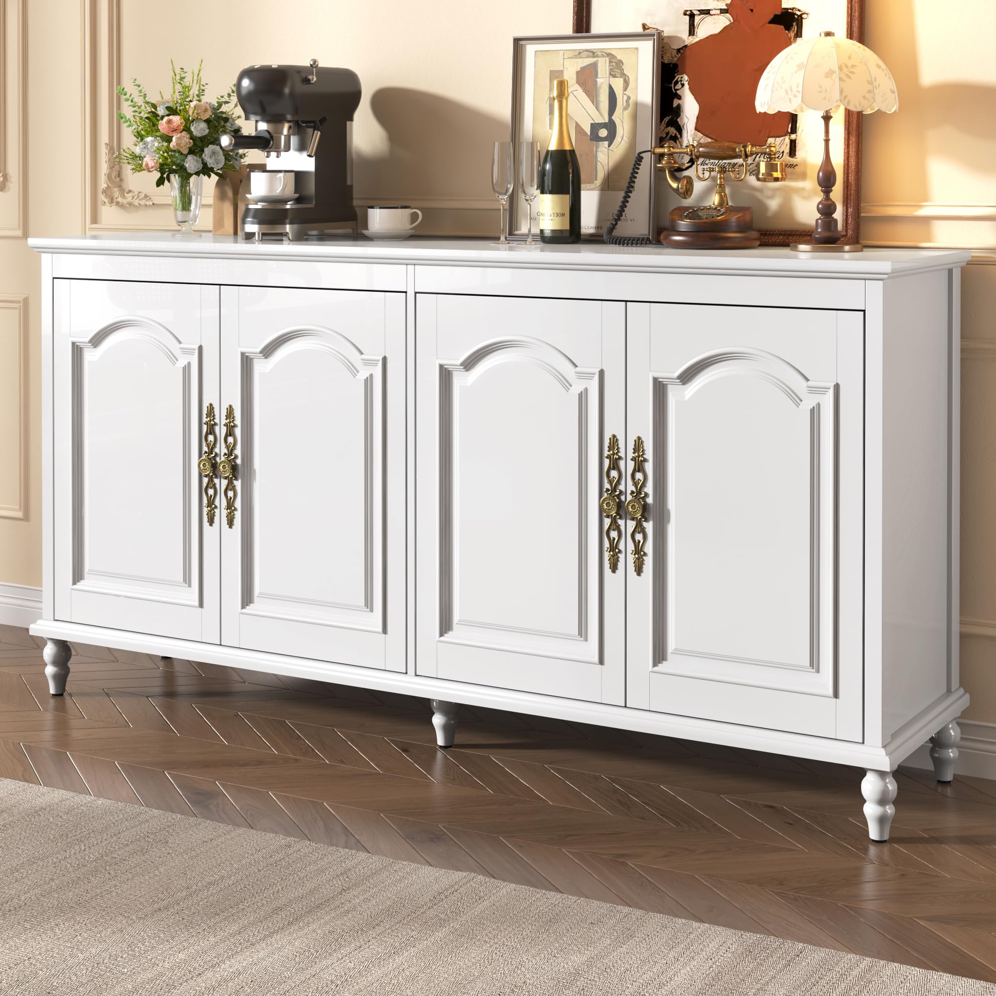 White Farmhouse Sideboard with Wood Carving